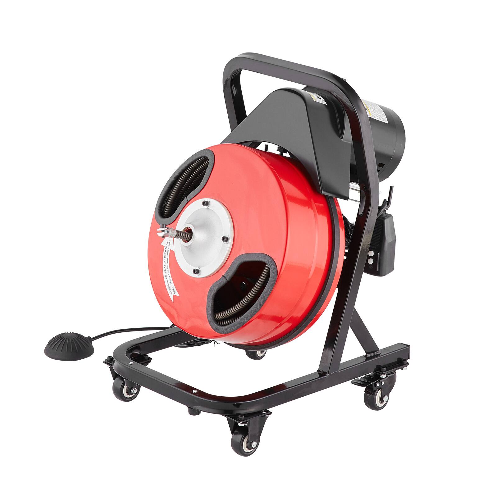 Alt View 5. VEVOR - Drain Cleaner Machine 50FTx1/2in,Manual Feed Sewer Snake Auger-with Wheels, Air-activated Foot Switch for 2" to 4" Pipes - Red.