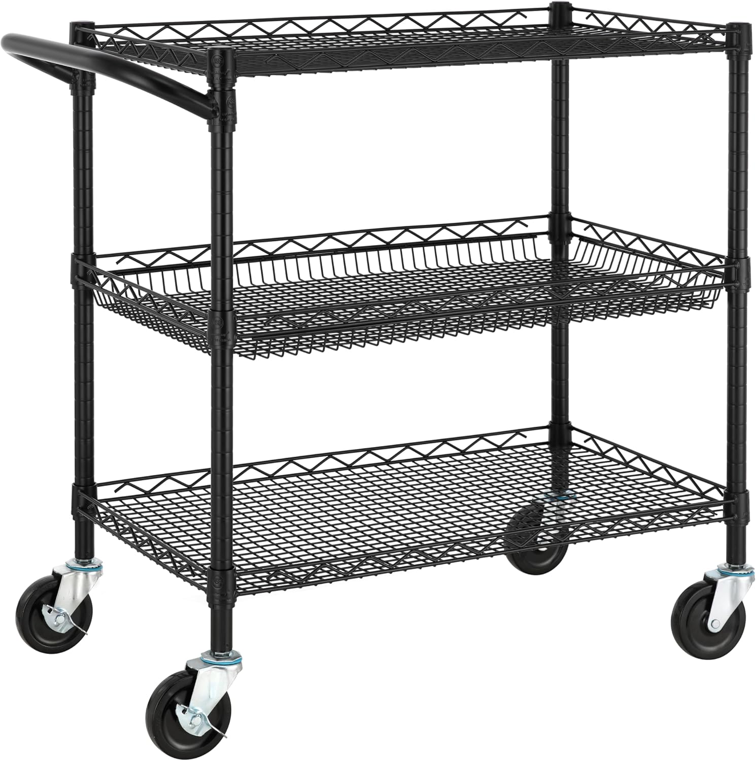 Front. Finnhomy - Finnhomy 3-Tier Heavy Duty Commercial Utility Cart – NSF Listed Black Steel Rolling Cart with Locking Wheels - Black.