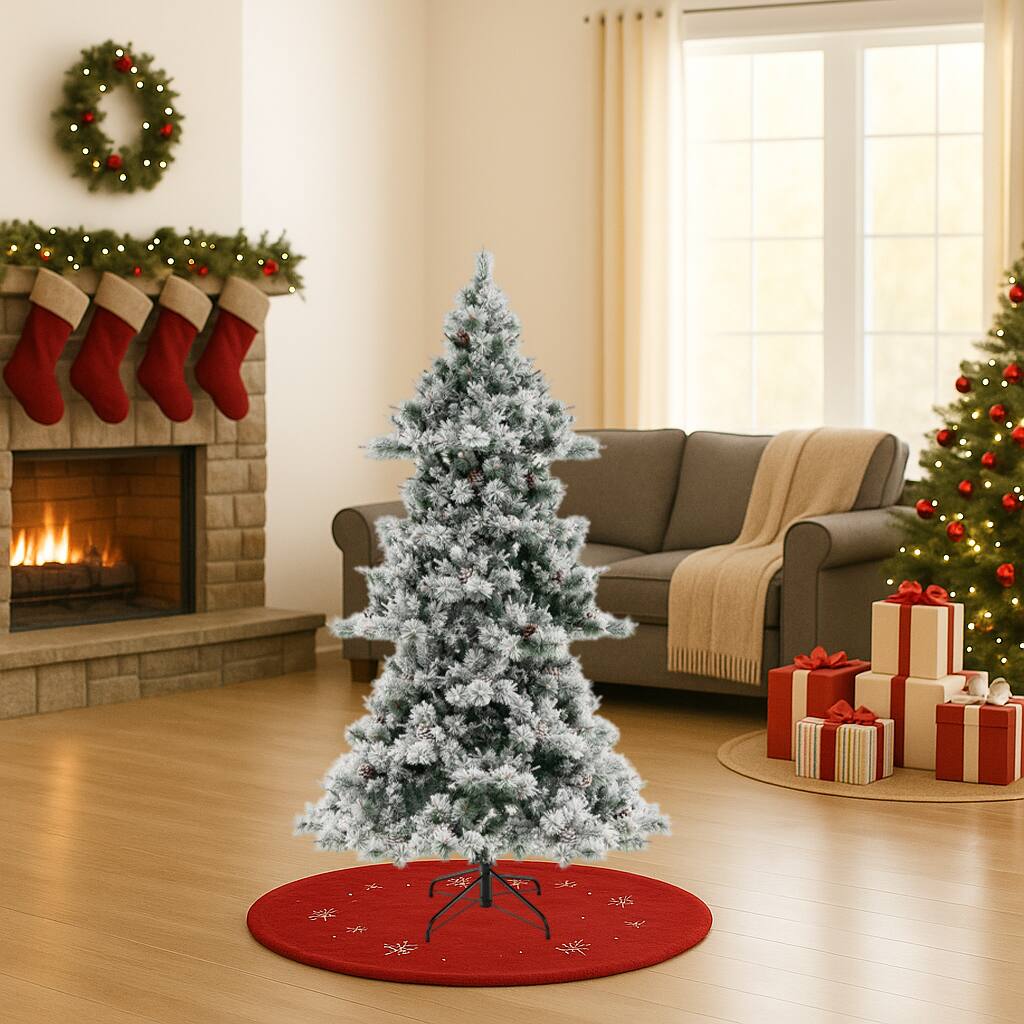 BreeBe - Flocked Pine Needle Christmas Tree 7FT – Full Artificial Design - Green