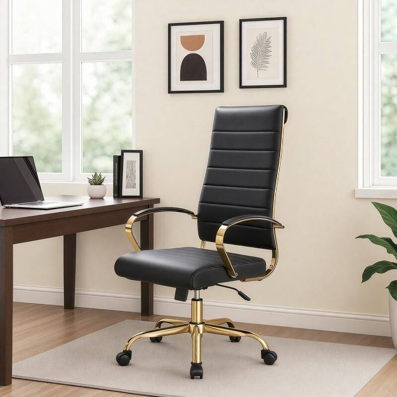 Angle. LeisureMod - Set of 4 Benmar High-Back Leather Upholstered Swivel Executive Office Chair with Gold Accents, Adjustable, and Tilt - Black.