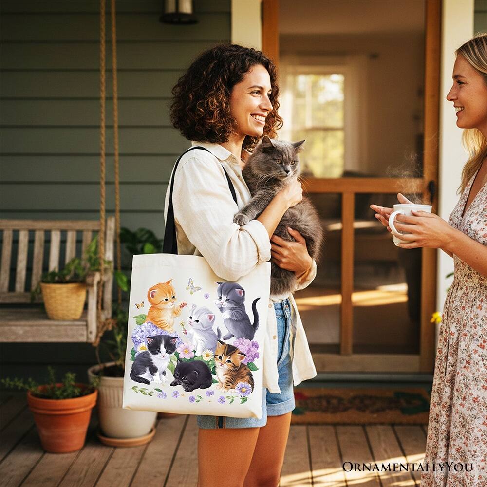 Left. OrnamentallyYou - Cute Baby Cats Wildflower Tote Bag, Cottagecore Botanical Cat Gift Shopper - White Black.