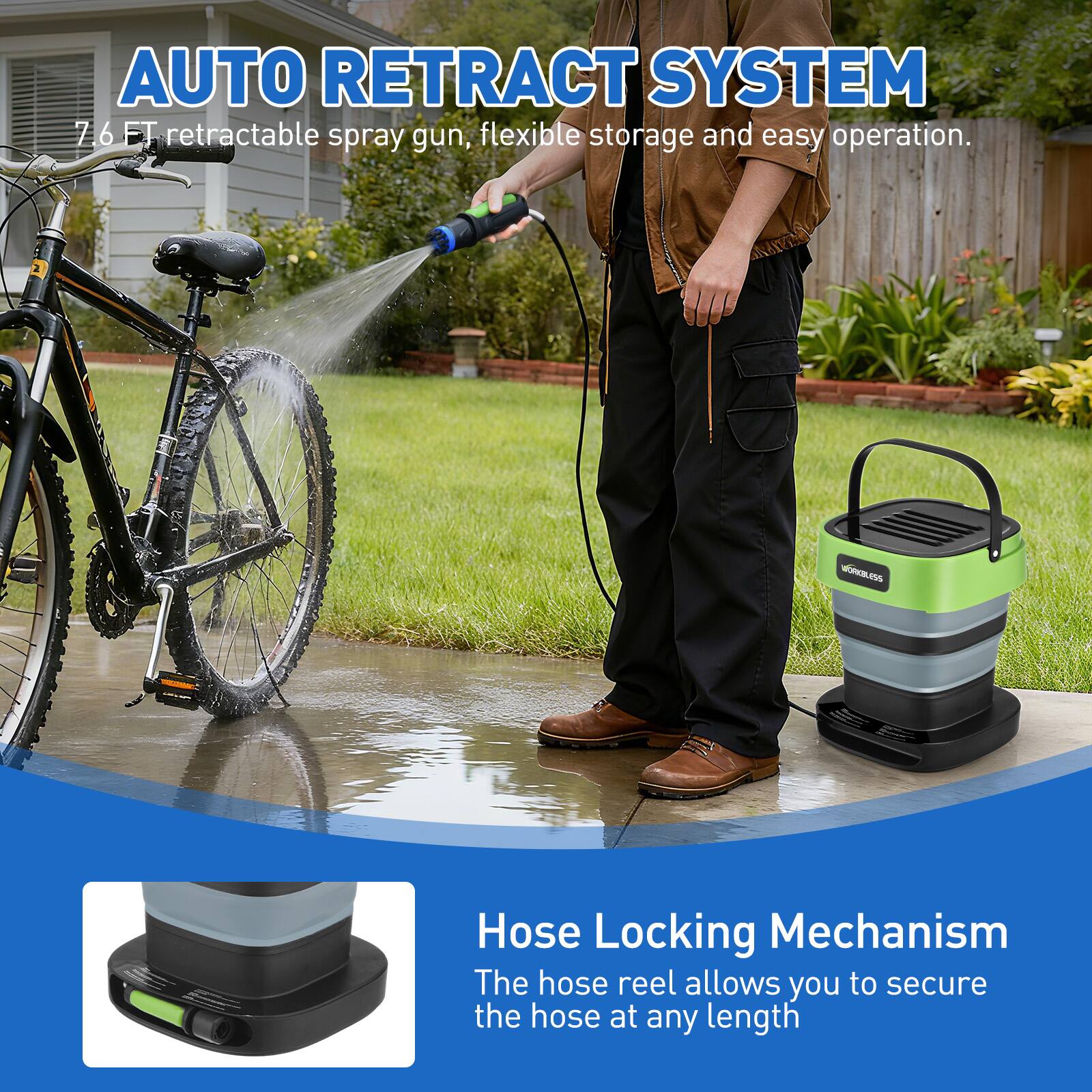 AUTO RETRACT SYSTEM  
7.6 FT retractable spray gun, flexible storage and easy operation.  

Hose Locking Mechanism  
The hose reel allows you to secure the hose at any length