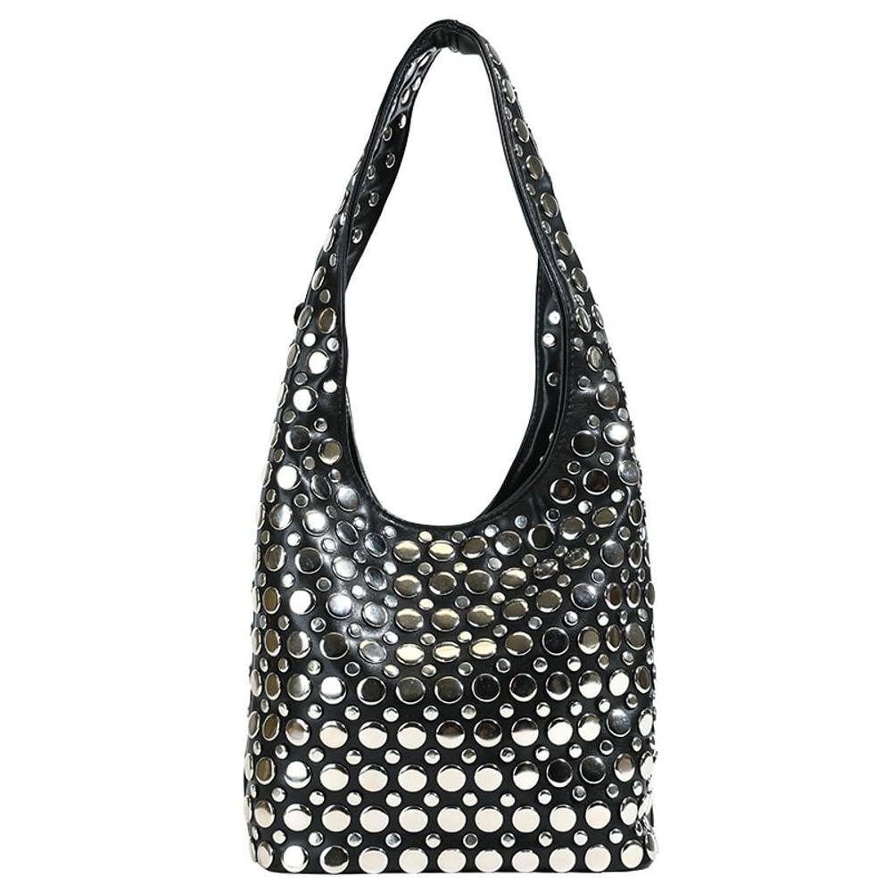 Front. Live At Space - Y2k 90s Crescent Hobo Bags Women Trendy Studded Pu Leather Shoulder Crossbody Purse Punk Underarm Satchels Tote Handbag - A Black.