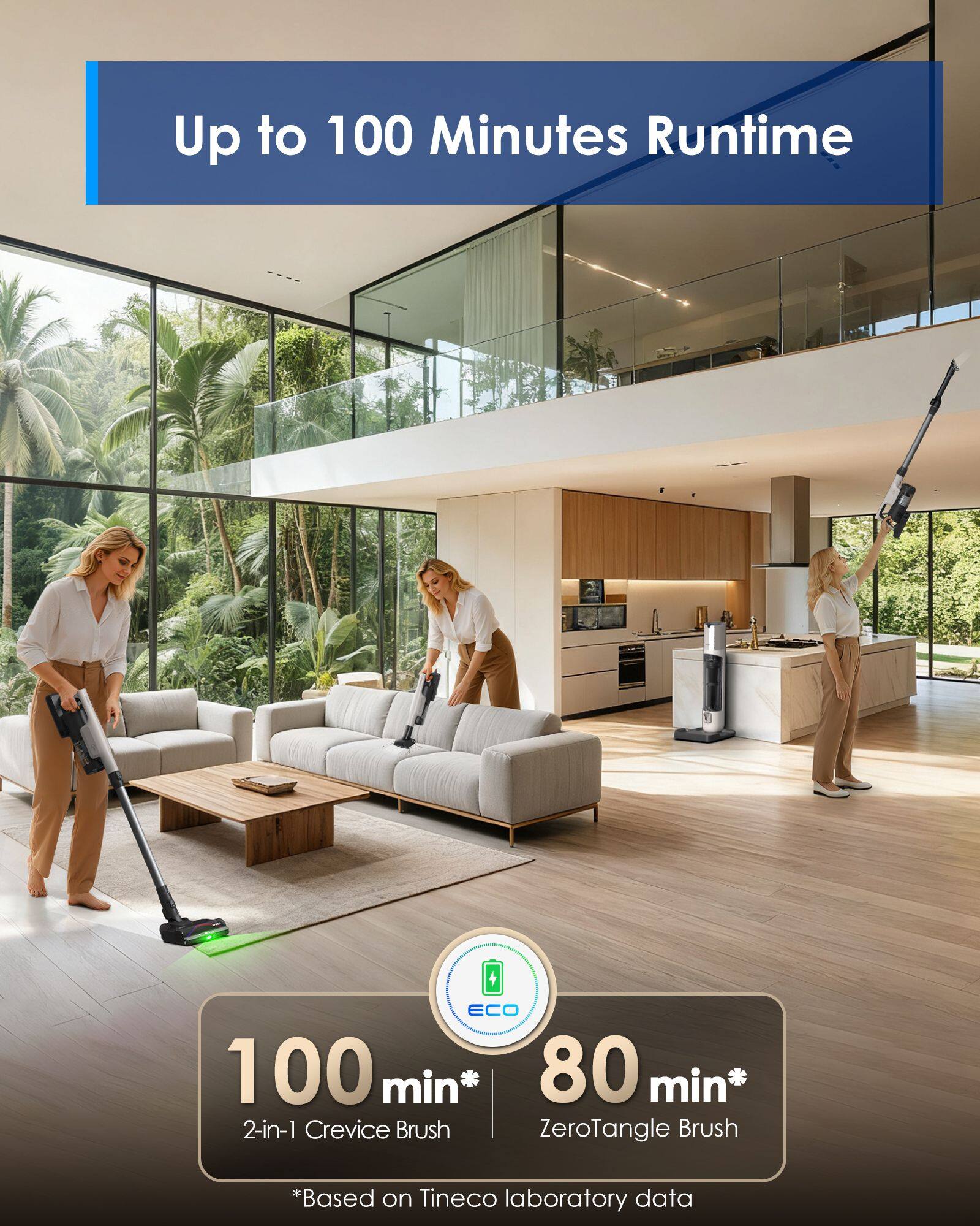 Up to 100 Minutes Runtime

100 min*  
2-in-1 Crevice Brush

80 min*  
ZeroTangle Brush

*Based on Tineco laboratory data