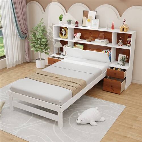Angle. Hivvago - Twin Bed Frame with White Walnut Bookcase Storage Headboard and 2 Nightstands - White.