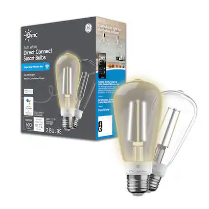 Cync Direct Connect Smart Bulbs are controllable light bulbs for decorative fixtures. They come in a soft white color and are designed for easy setup without the need for a hub. These smart bulbs can be controlled with voice assistants and can be connected directly to a Wi-Fi network. They also allow users to set schedules and adjust brightness levels. The box contains two bulbs, and they are estimated to have a 25,000-hour lifespan.