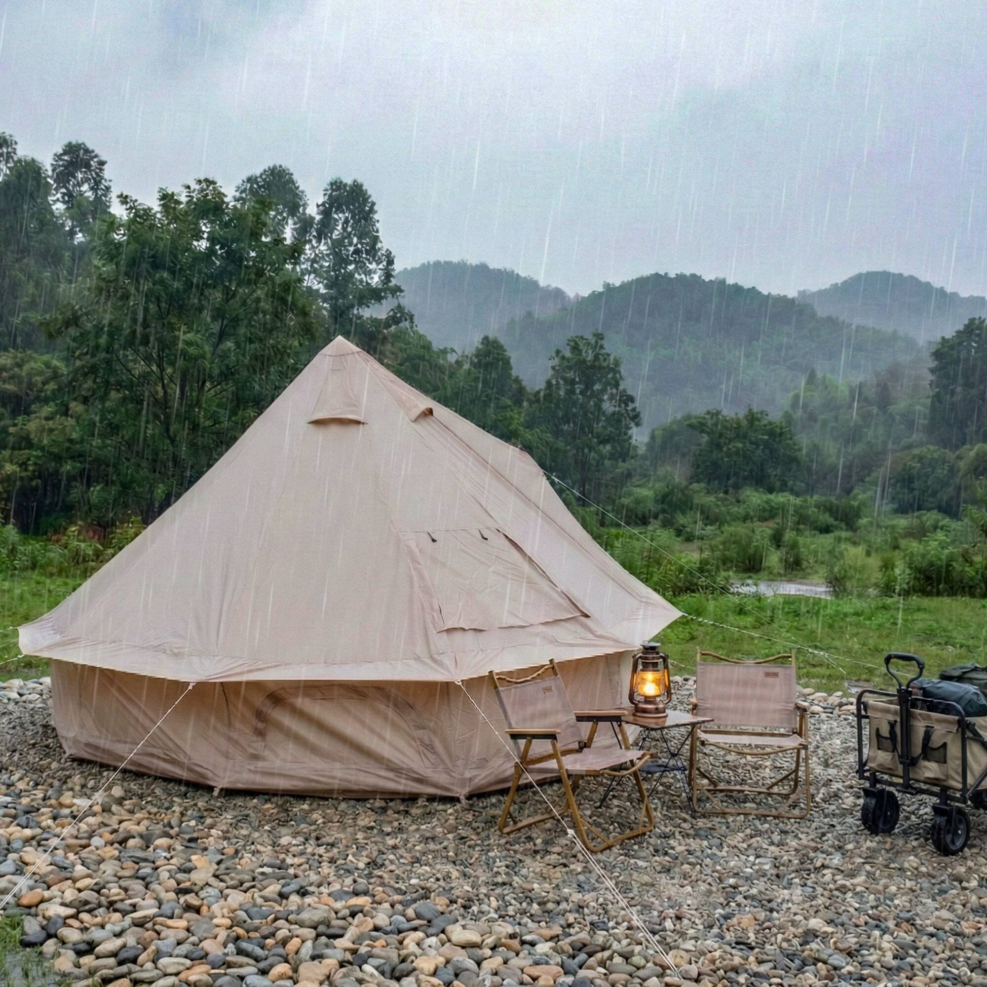 Left. Anysun - 4-Season Bell Tent – 9.8 FT Waterproof Family Camping Tent with Stove Jack, Fits 4 People, Outdoor Parties & Camping - Beige.