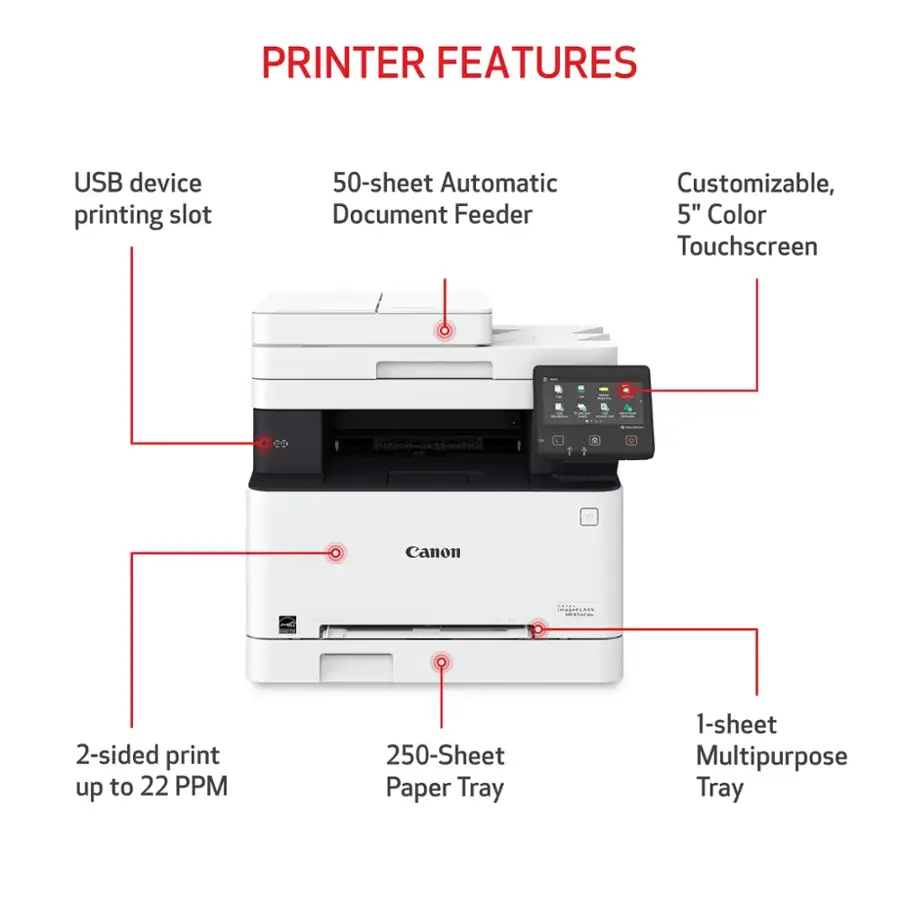PRINTER FEATURES:

1. USB device printing slot
2. 50-sheet Automatic Document Feeder
3. Customizable, 5" Color Touchscreen
4. Canon
5. 2-sided print up to 22 PPM
6. 250-Sheet Paper Tray
7. 1-sheet Multipurpose Tray
