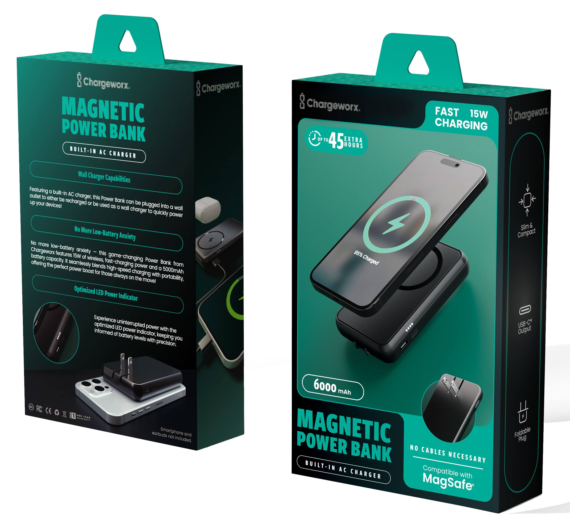 Chargeworx. MAGNETIC POWER BANK BUILT-IN AC CHARGER 3 Chargeworx. 8 Chargeworx. 45 EXTRA HOURS FAST 15W CHARGING Wall Charger Capabilities Featuring a built-in AC outlet to charge other devices, this portable power bank can be recharged with a wall charger to quickly power up your devices. No More Low-Battery Anxiety No more low-battery anxiety with this high-capacity power bank offering fast-charging capabilities. It's the perfect blend of power and portability, with an optimized LED power indicator keeping you informed of battery levels with precision. USB-C 2-in-1 Charging Cable Smartphone and tablet charging cables are not included, but this 6000 mAh Magnetic Power Bank is compatible with MagSafe.