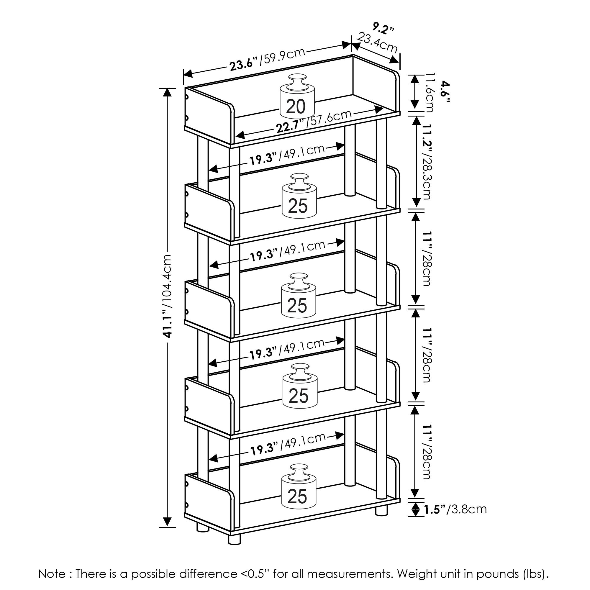 41.1" / 104.4 cm  
9.2" / 23.4 cm  
23.6" / 59.9 cm  
23.6"  
1.6 cm / 4.6"  
20  
22.7" / 57.6 cm  
19.3" / 49.1 cm  
11.2" / 28.3 cm  
25  
19.3" / 49.1 cm  
11" / 28 cm  
25  
19.3" / 49.1 cm  
11" / 28 cm  
25  
19.3" / 49.1 cm  
11" / 28 cm  
25  
19.3" / 49.1 cm  
11" / 28 cm  
25  
1.5" / 3.8 cm  

Note: There is a possible difference <0.5" for all measurements. Weight unit in pounds (lbs).