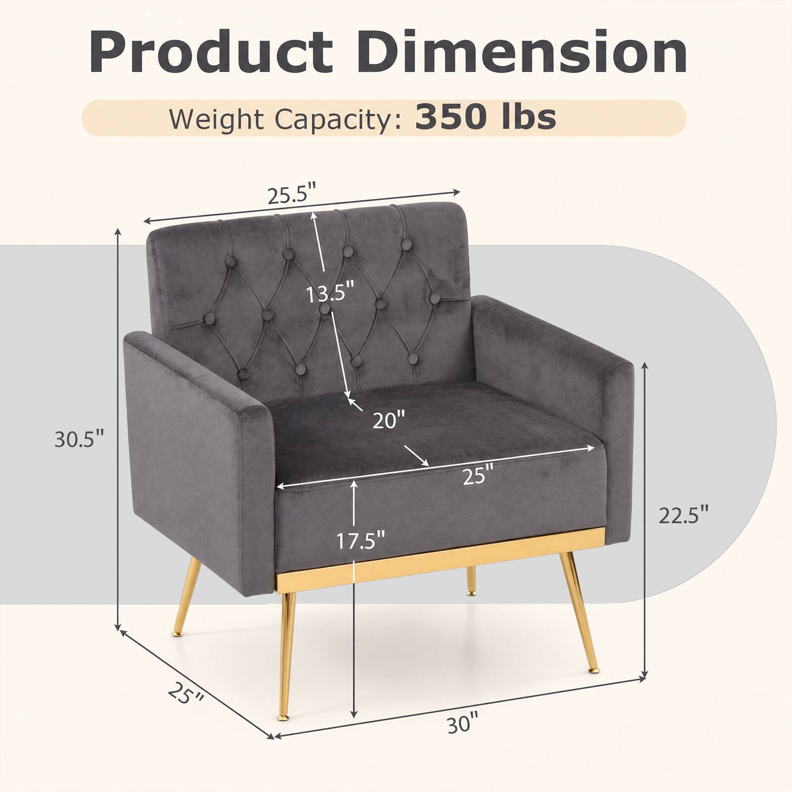 Product Dimension Weight Capacity: 350 lbs  
25.5" 13.5" 30.5" 20" 17.5" 25" 22.5" 25" 30"