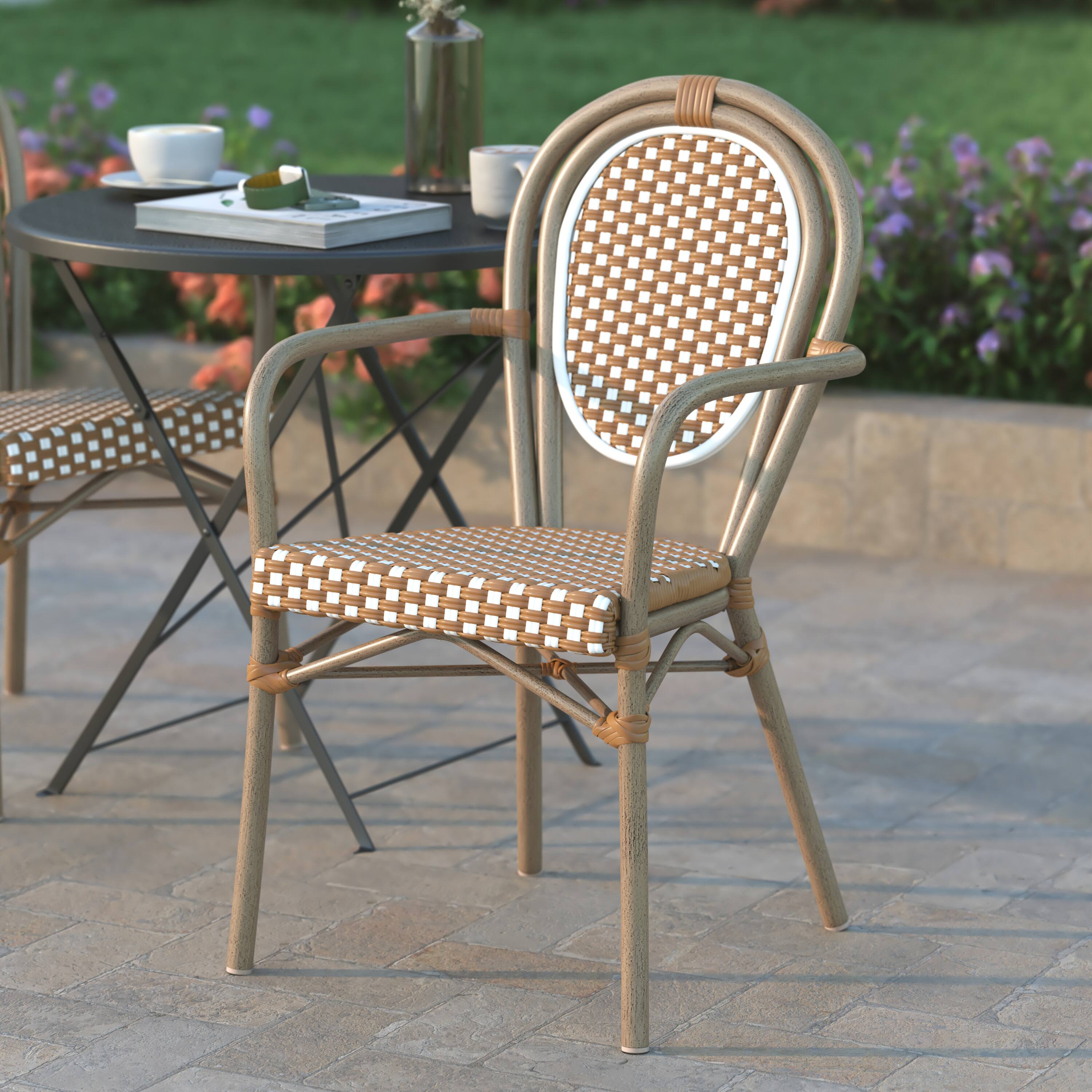 Alt View 3. Emma + Oliver - Colmar Indoor/Outdoor Stacking Thonet Bistro Style Chair with Arms, PE Rattan Seat and Finished Metal Frame - Natural & White/Light Natural Frame.