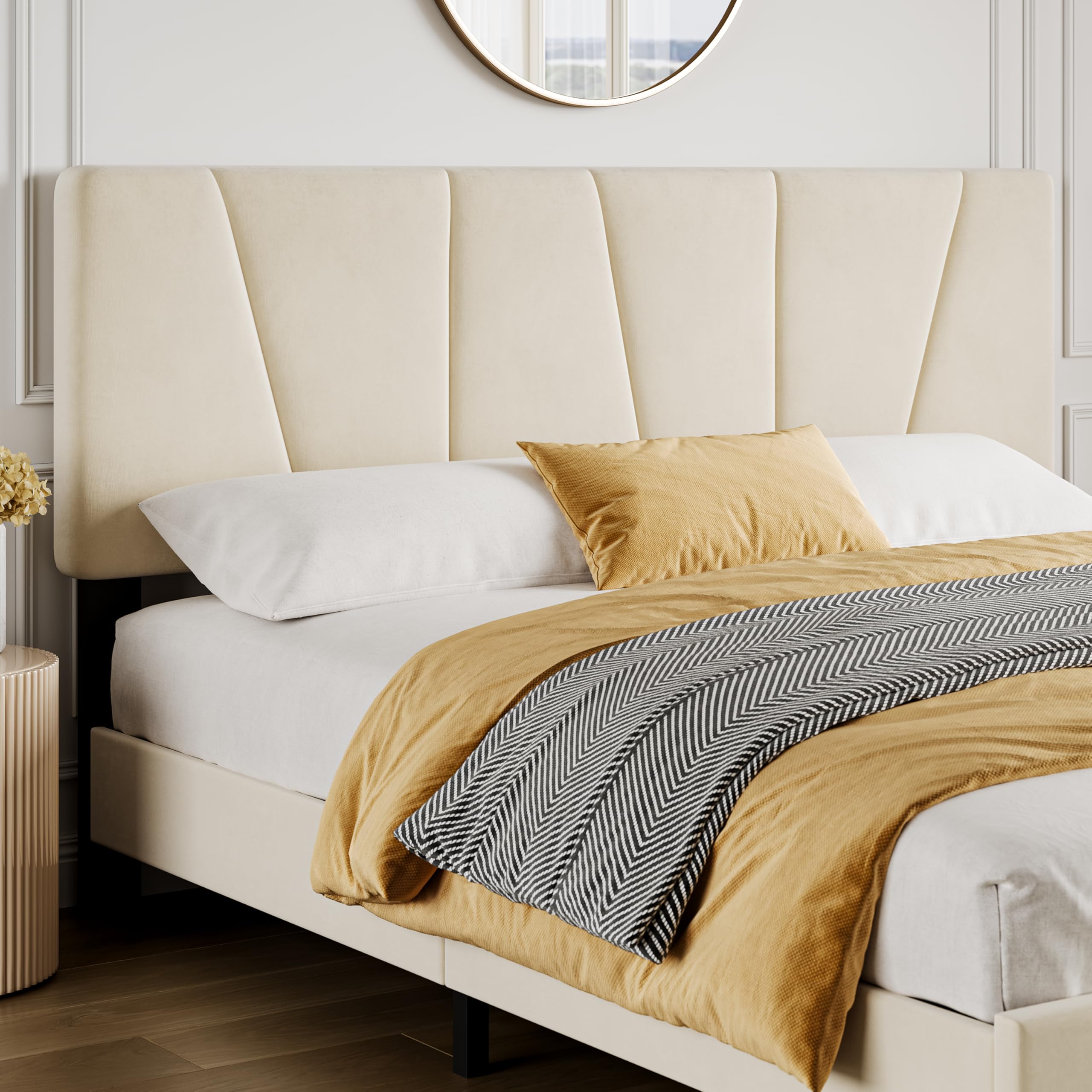 Left. Homhougo - King Size Bed Frame with Headboard Adjustable, Linen Upholstered King Platform Bed with Headboard - Beige.