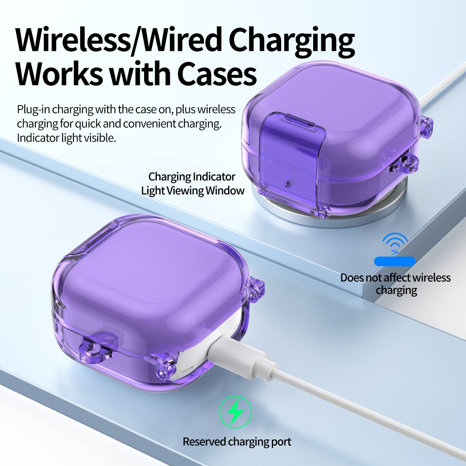 Wireless/Wired Charging Works with Cases

Plug-in charging with the case on, plus wireless charging for quick and convenient charging. Indicator light visible.

Charging Indicator Light Viewing Window

Does not affect wireless charging

Reserved charging port