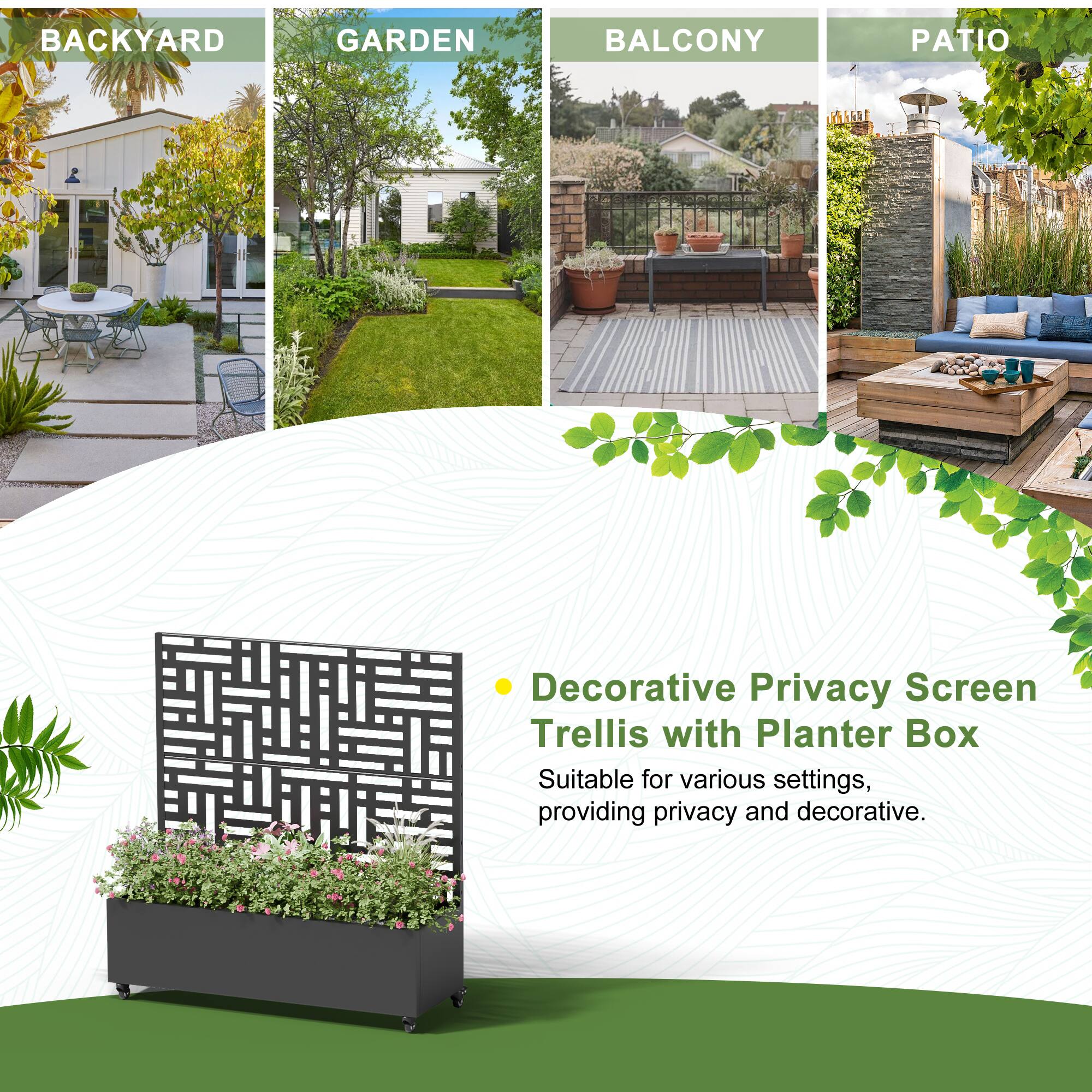 BACKYARD  
GARDEN  
BALCONY  
PATIO  

Decorative Privacy Screen Trellis with Planter Box  
Suitable for various settings, providing privacy and decorative.