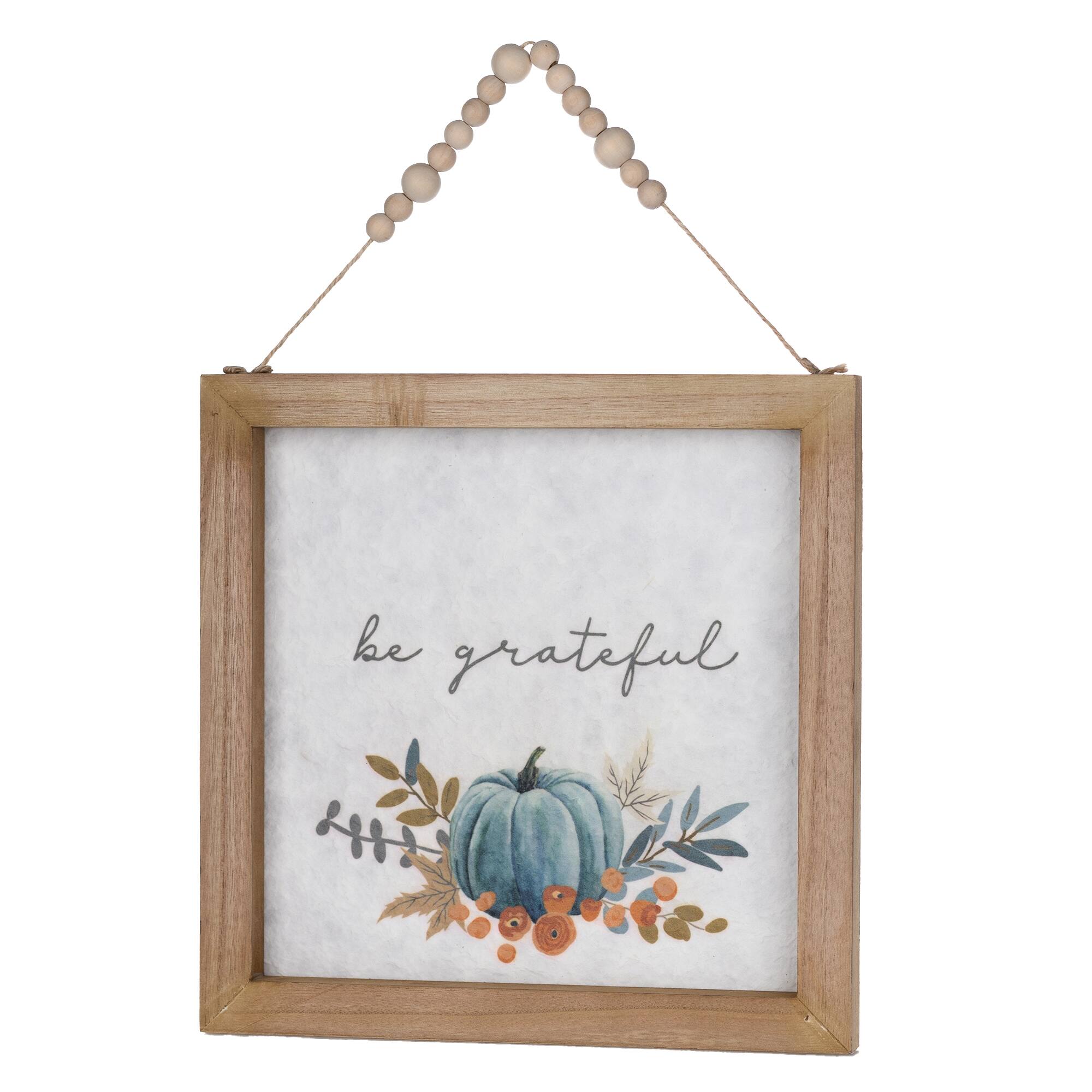 Left. BreeBe - Wood Beaded Hanging Harvest Grateful Thankful Sentiment (Set of 2) - Brown, Orange, White.