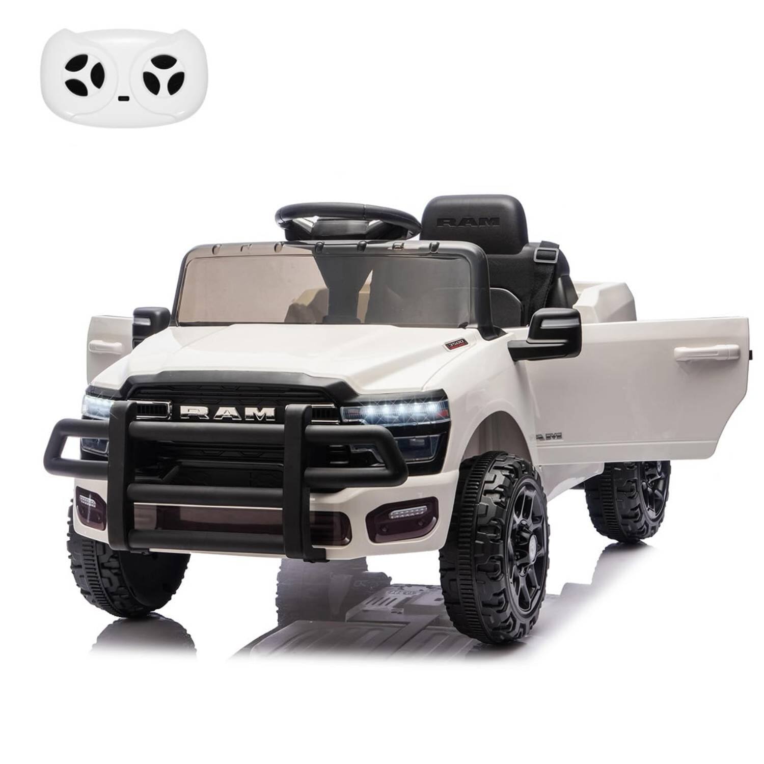 GARVEE - 12V Licensed RAM Pickup Ride-On Truck, Remote Control, 3 Speeds, LED Lights, Music, All-Terrain - White