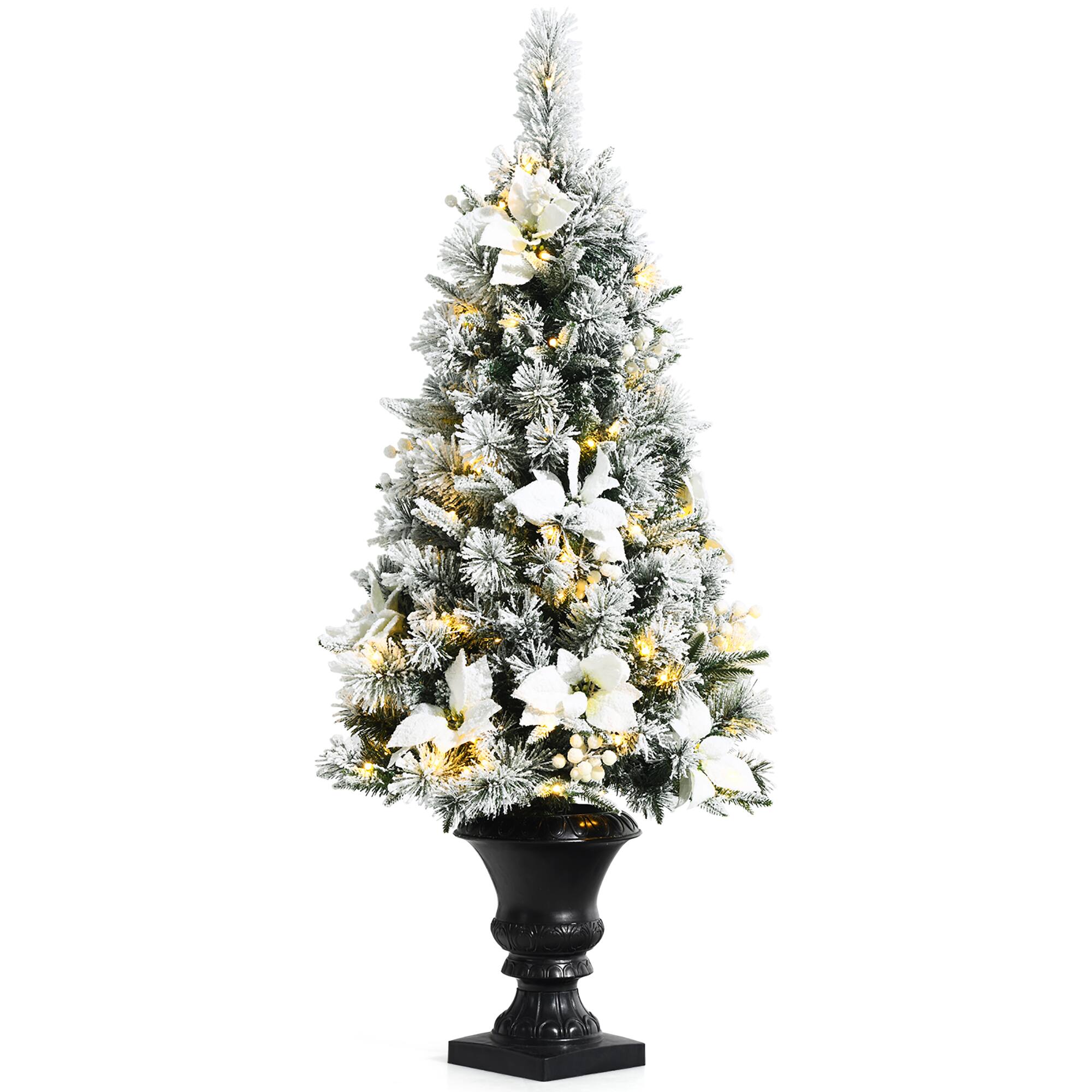 Costway - 4ft Pre-lit Snowy Christmas Entrance Tree w/ White Berries & Flowers - Green/White