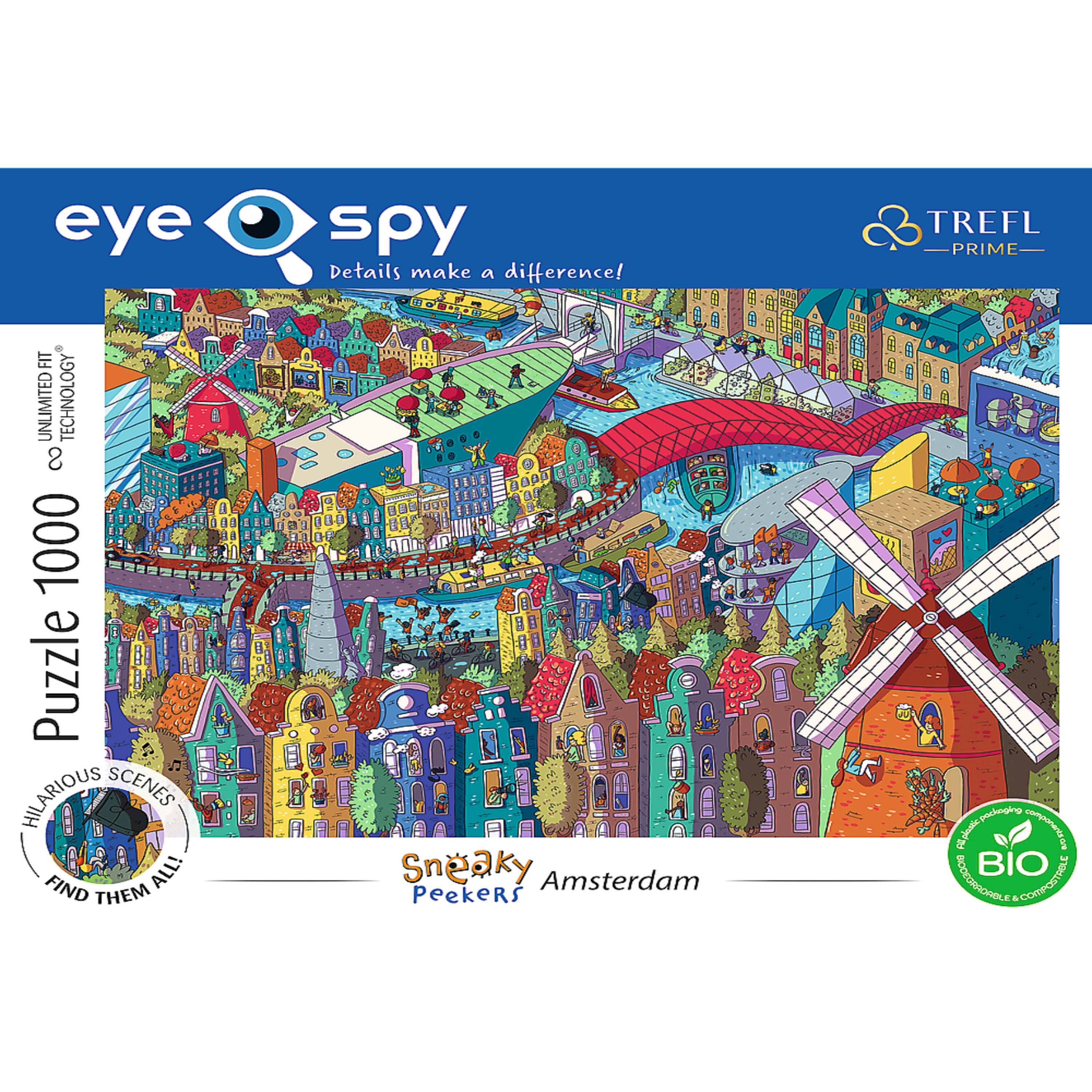 eye spy  
Details make a difference!  

Puzzle 1000  
HILARIOUS SCENES  
FIND THEM ALL!  

Sneaky Peekers Amsterdam  

TREFL PRIME  

UNLIMITED TECHNOLOGY  
CO.  

BIO  
RESPONSIBLE & COMPORTIELS