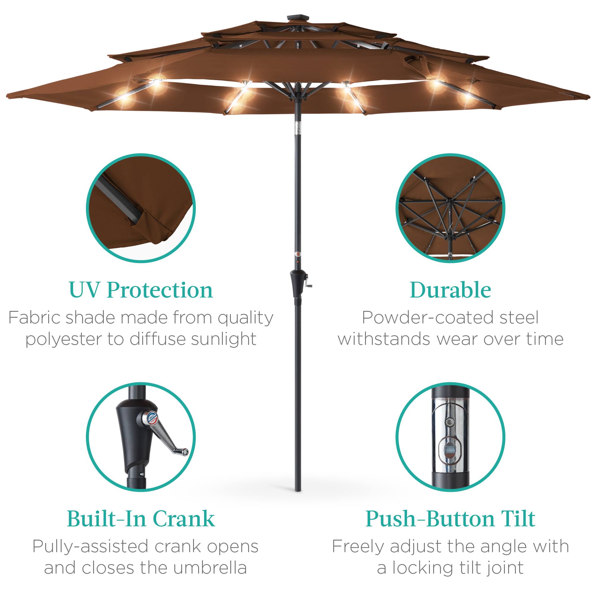 - UV Protection  
  Fabric shade made from quality polyester to diffuse sunlight

- Durable  
  Powder-coated steel withstands wear over time

- Built-In Crank  
  Pully-assisted crank opens and closes the umbrella

- Push-Button Tilt  
  Freely adjust the angle with a locking tilt joint