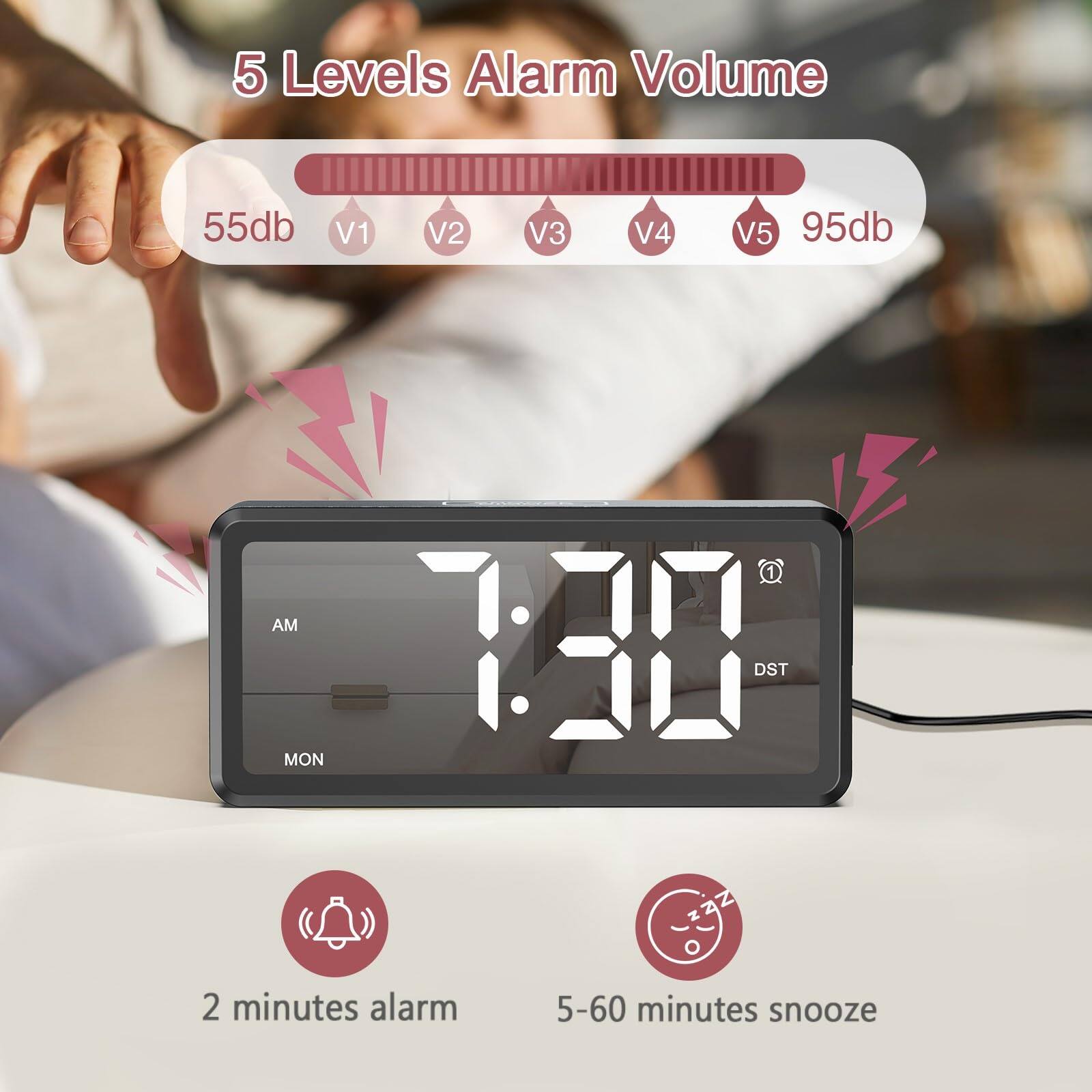5 Levels Alarm Volume  
55db V1 V2 V3 V4 V5 95db  

2 minutes alarm  
5-60 minutes snooze
