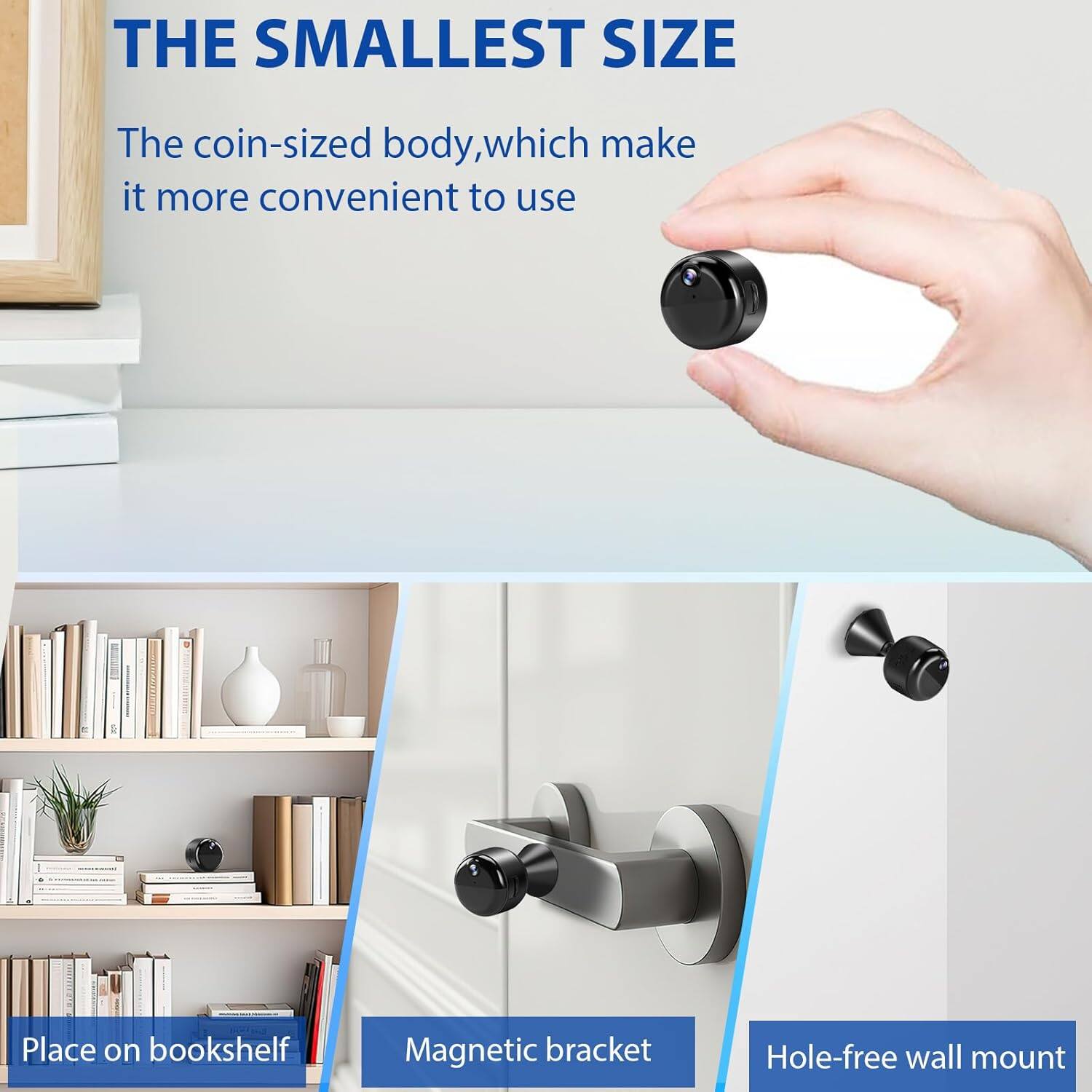 THE SMALLEST SIZE

The coin-sized body, which make it more convenient to use

Place on bookshelf

Magnetic bracket

Hole-free wall mount