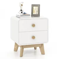Costway - 1 PCS Nightstand Mid Century Modern Bedside Table with 2 Drawers Solid Rubber Wood Legs - White - Front_Zoom
