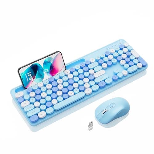 Comfort Essence - Wireless and Mouse Combo Retro Round Keycap Typewriter with PhoneTablet Holder Cute Colorful for - Blue Colorful