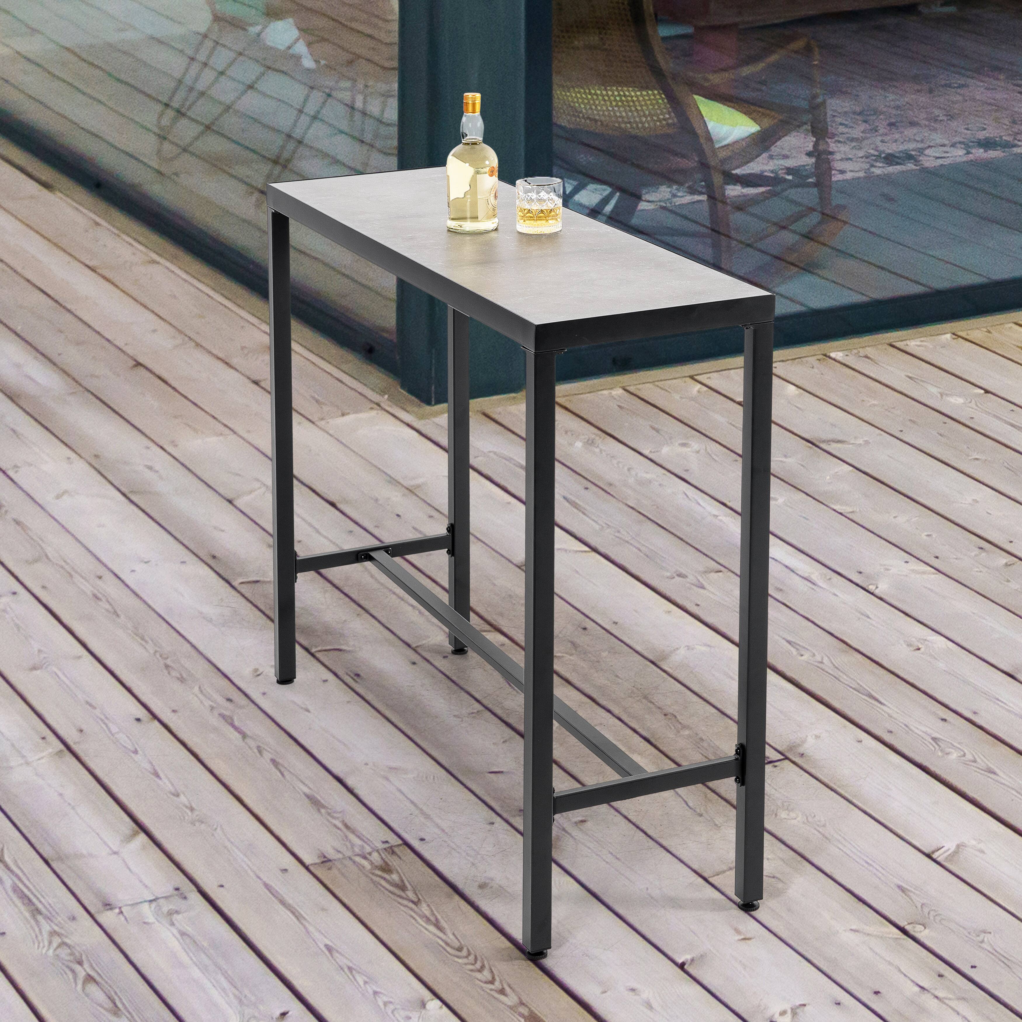 Back. Nuu Garden - Outdoor Iron Bar Table with 3D-Print Tempered Glass Tabletop - Black and Gray.