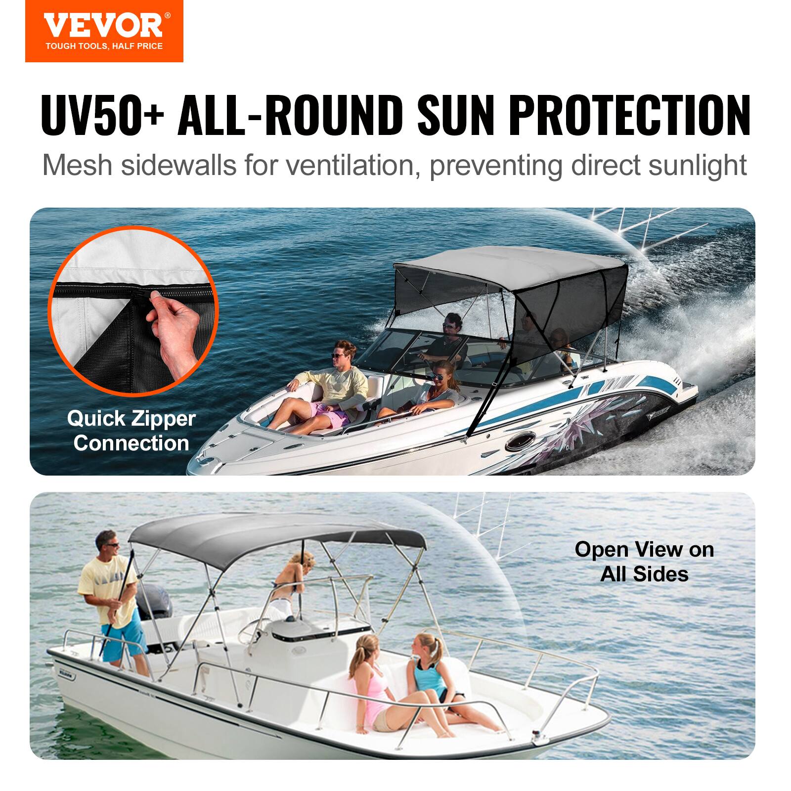 VEVOR  
TOUGH TOOLS, HALF PRICE  

UV50+ ALL-ROUND SUN PROTECTION  
Mesh sidewalls for ventilation, preventing direct sunlight  

Quick Zipper Connection  

Open View on All Sides