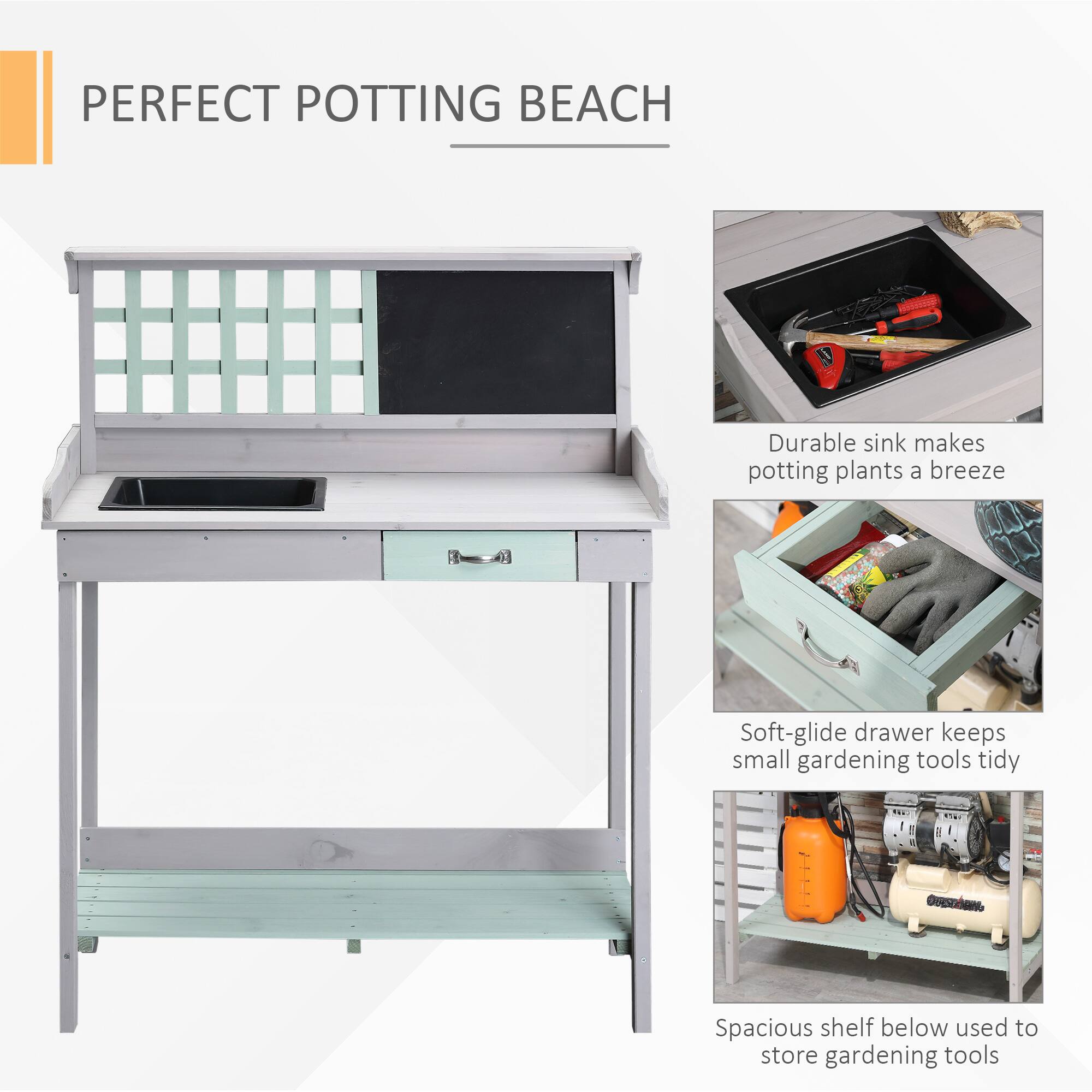 PERFECT POTTING BEACH
Durable sink makes potting plants a breeze
Soft-glide drawer keeps small gardening tools tidy
Spacious shelf below used to store gardening tools