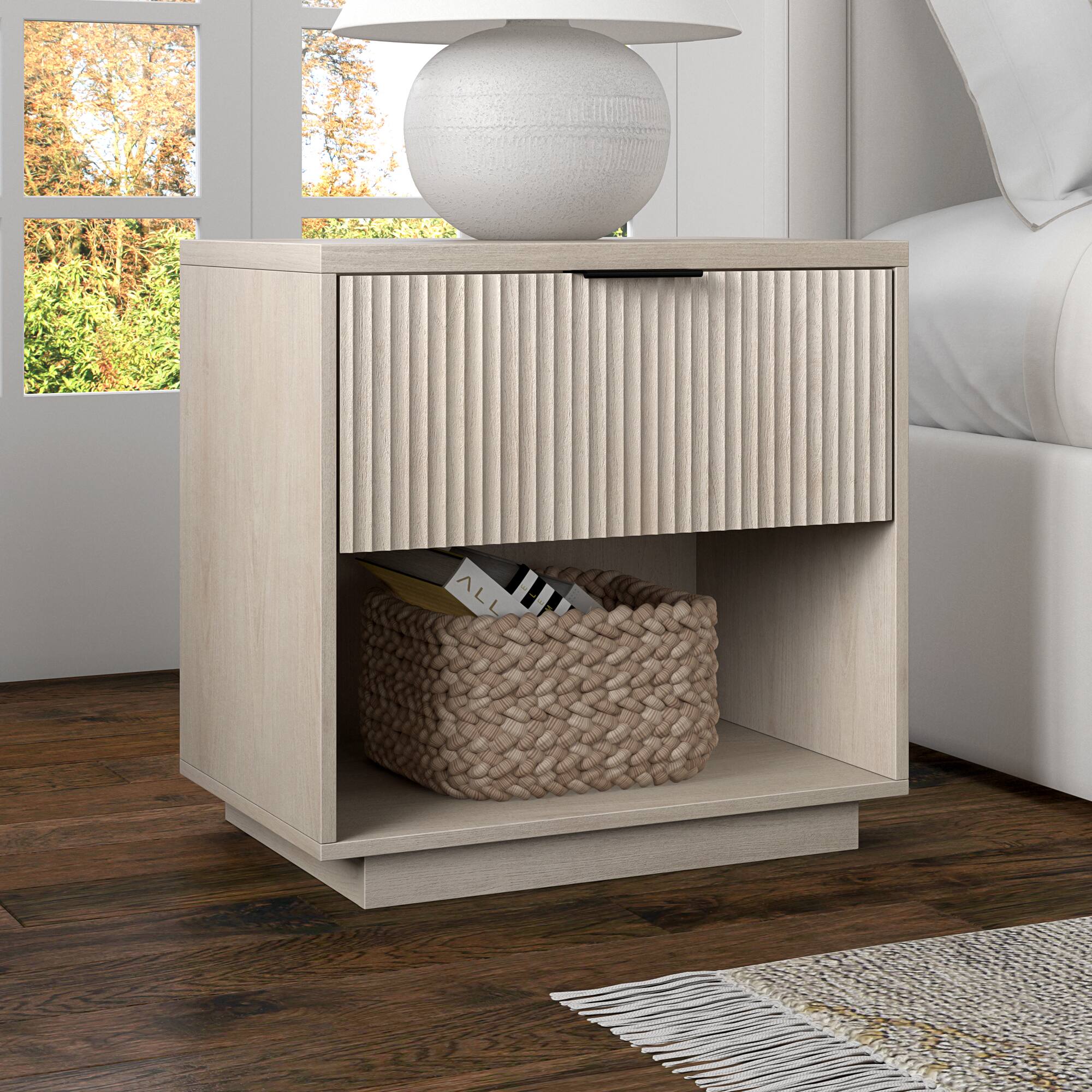 Alt View 2. Hudson&Canal - Karten 24" Wide Rectangular Fluted Nightstand in Alder White - White.