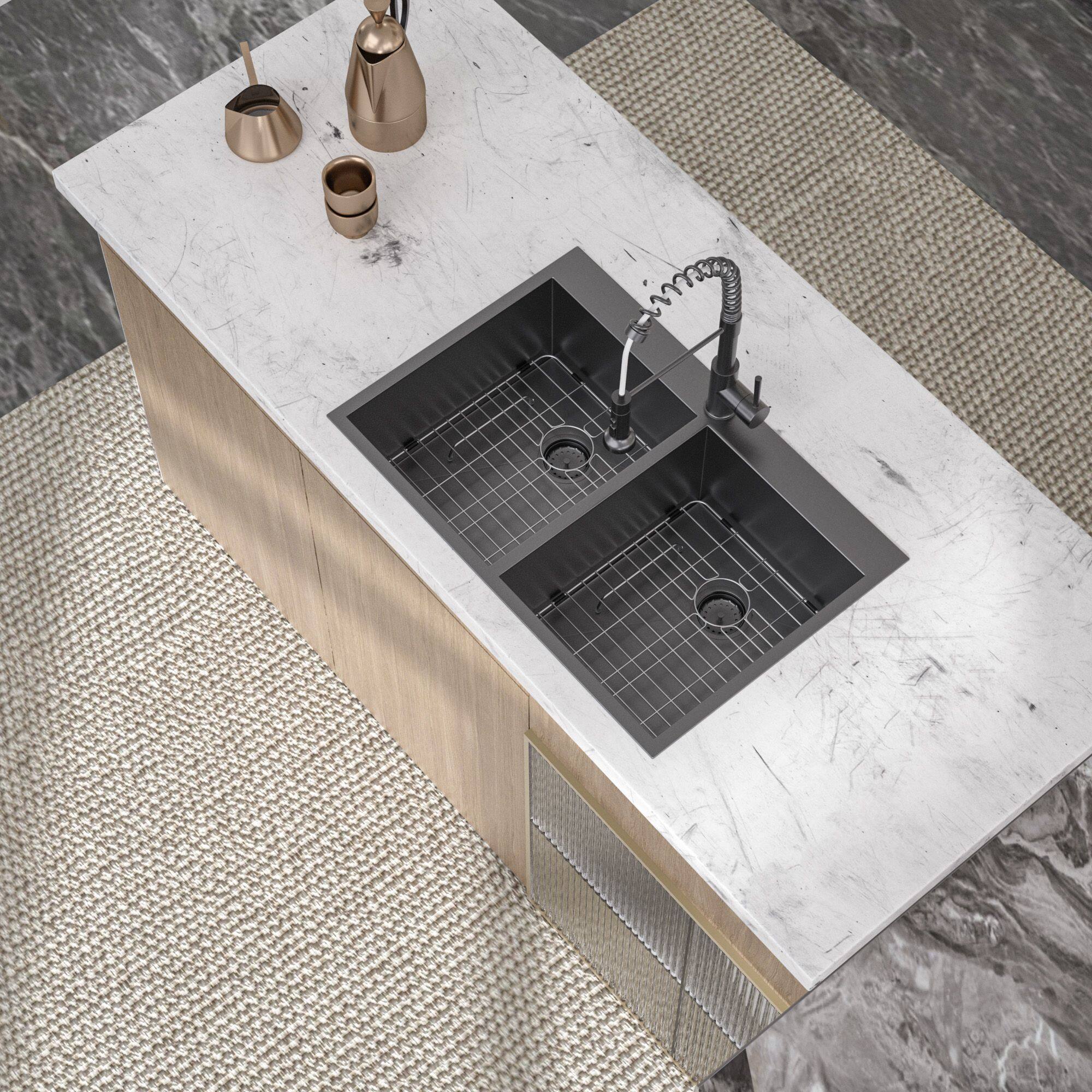 Left. Lordear - 33"x22"x10" Gunmetal Black Double Bowl Drop in Kitchen Sink 16 Gauge with Two 10" Deep Basin - Stainless steel.