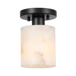 Jonathan Y - Jules 5.13" 1-Light Modern Contemporary Alabaster/Iron Cylinder LED Semi Flush Mount, White Marbling/Black - Black/White