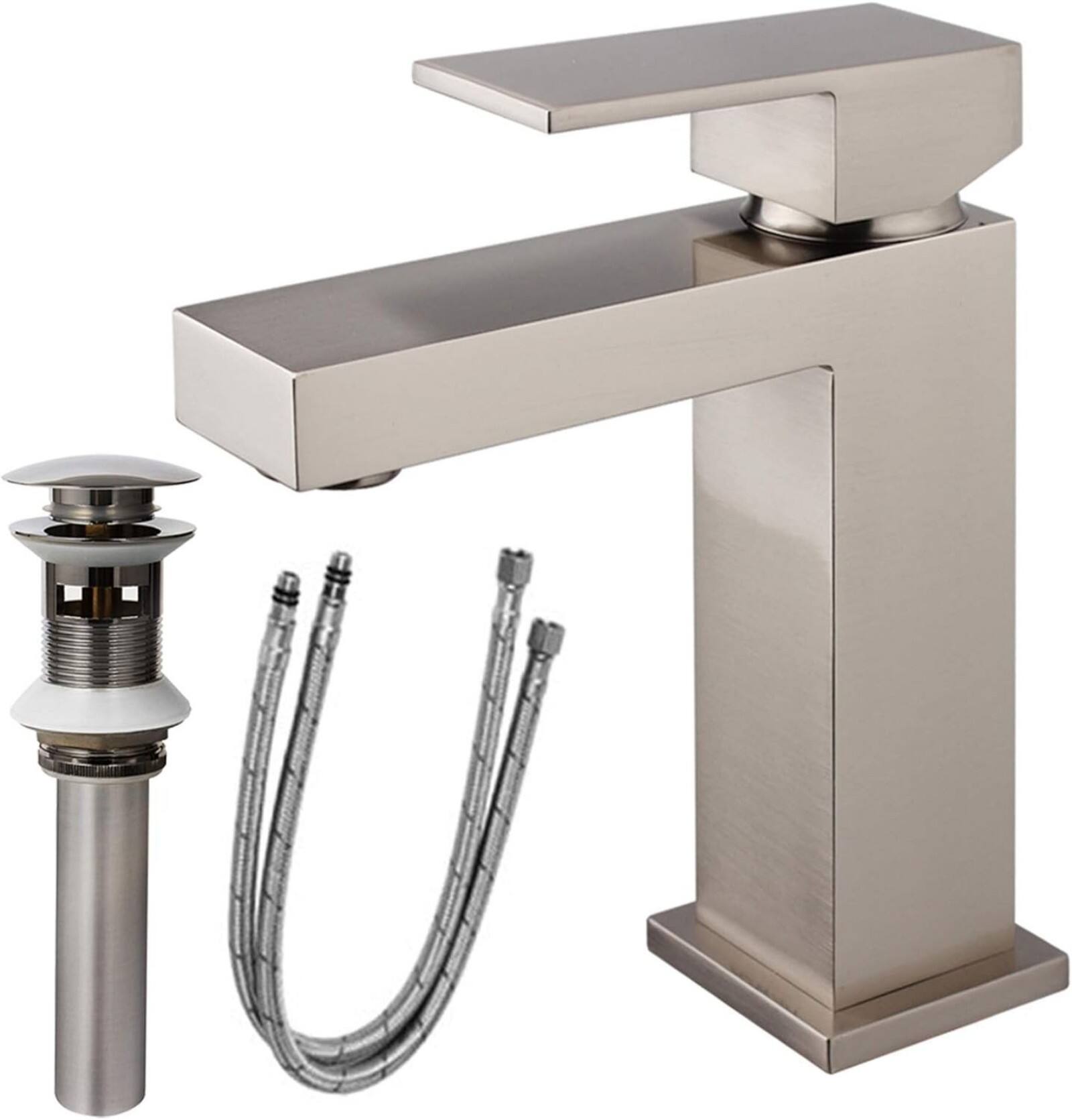 Front. Glintex - Single Handle Single Hole Bathroom Faucet, Solid Brass with Pop-up Drain & Water Supply Hoses - Brushed Nickel.