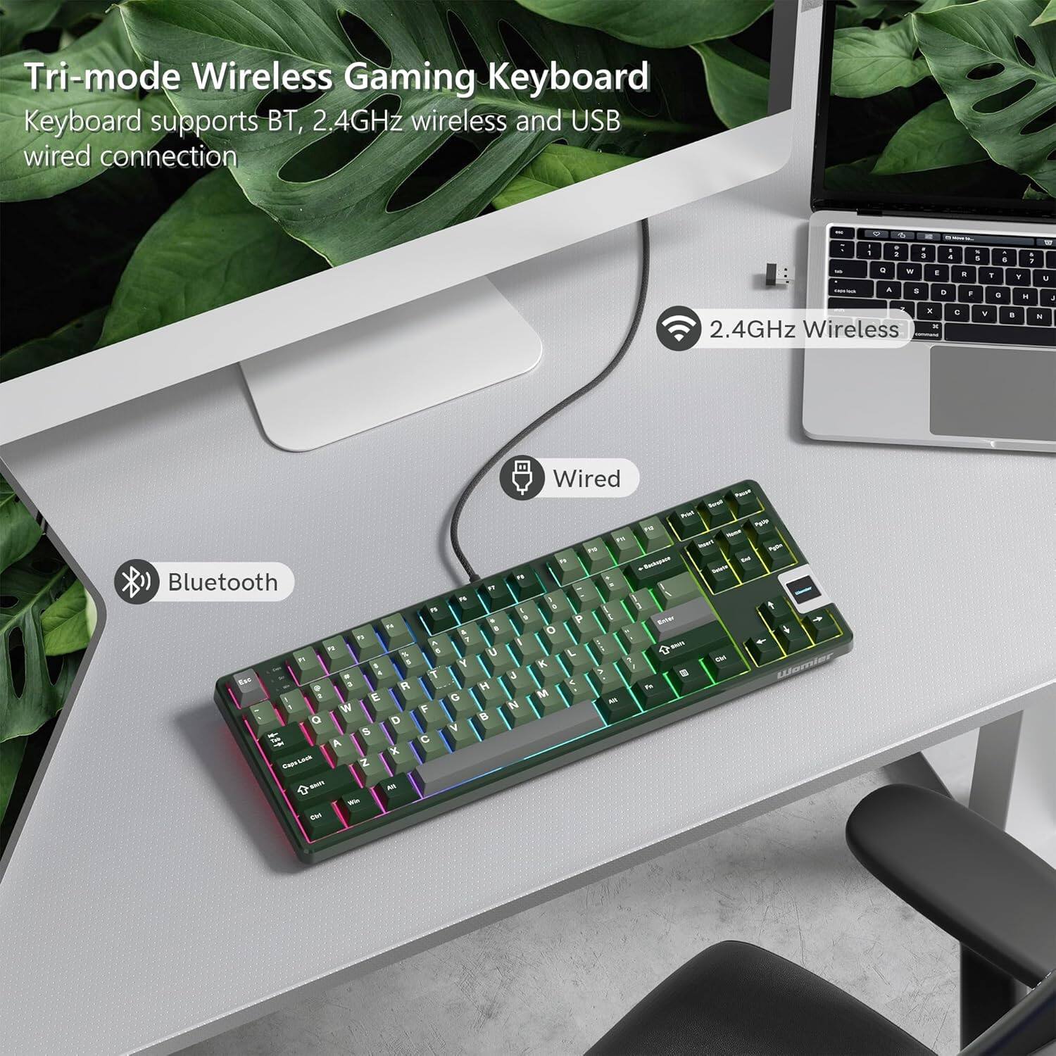 Tri-mode Wireless Gaming Keyboard  
Keyboard supports BT, 2.4GHz wireless and USB wired connection  

- 2.4GHz Wireless  
- Wired  
- Bluetooth