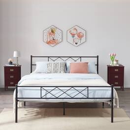 Vecelo - Modern Sturdy Full Size Metal Bed Frame with Storage, Headboard & Footboard, Noise-Free Platform Bed - Full Black