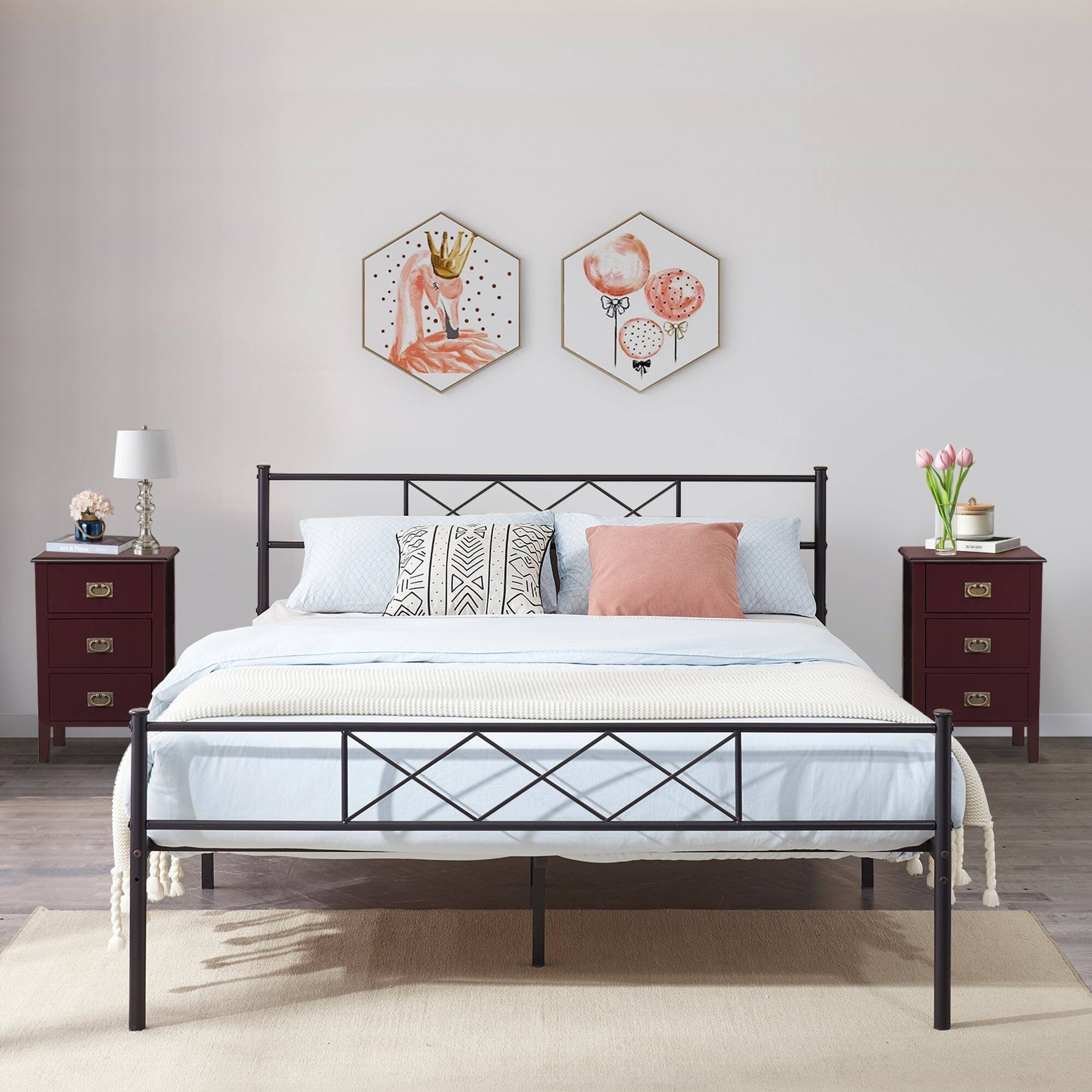 Front. Vecelo - Modern Sturdy Full Size Metal Bed Frame with Storage, Headboard & Footboard, Noise-Free Platform Bed - Full Black.