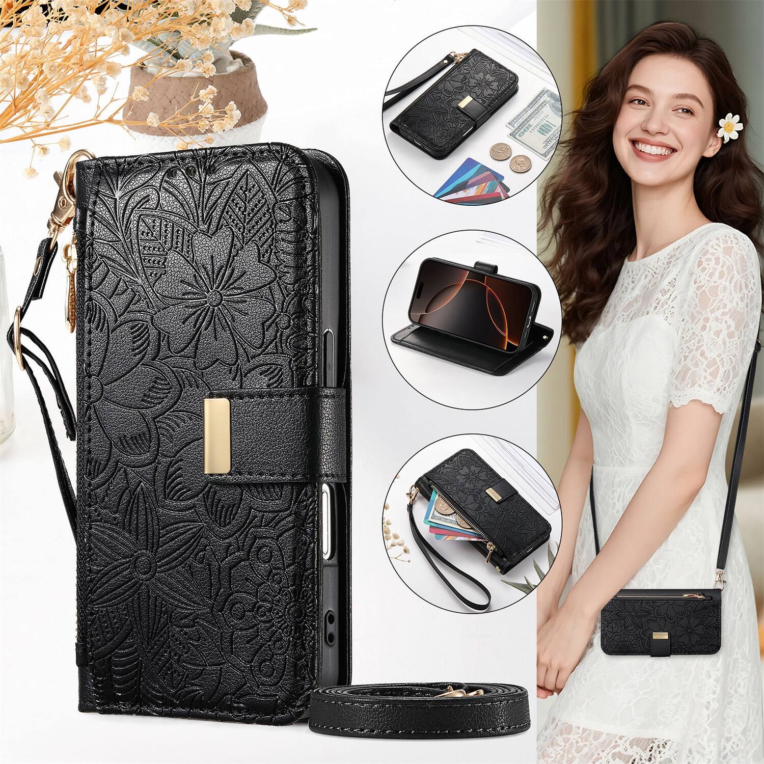 Alt View 1. Dteck - Floral Embossed Leather Zipper Cash Slot Wallet Case for Apple iPhone 17 with Detachable Strap - Black.
