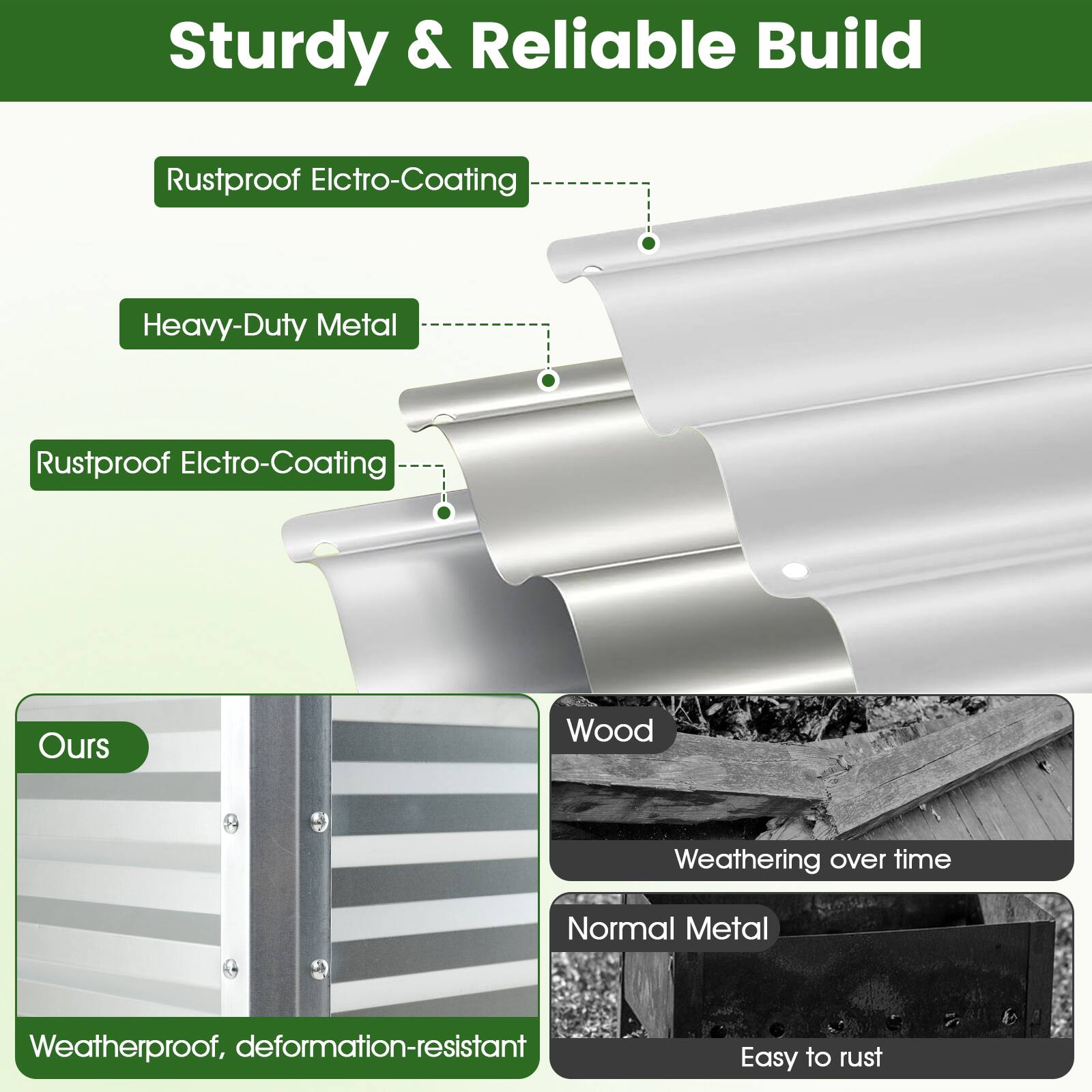 Sturdy & Reliable Build

- Rustproof Electro-Coating
- Heavy-Duty Metal
- Rustproof Electro-Coating

Ours
- Weatherproof, deformation-resistant

Wood
- Weathering over time

Normal Metal
- Easy to rust