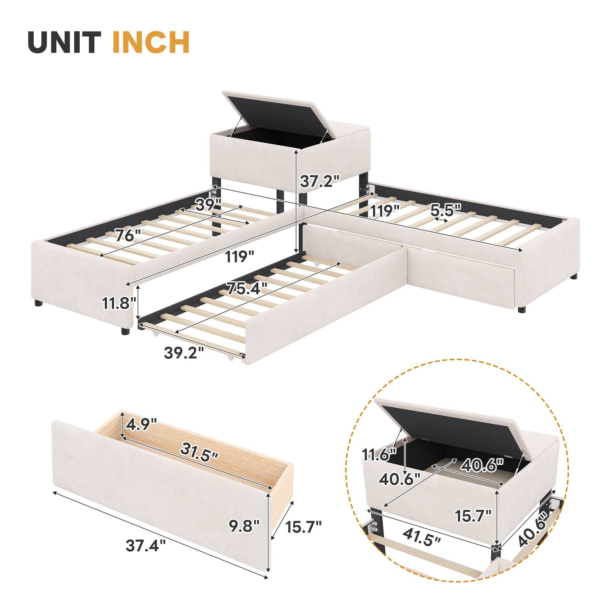 UNIT INCH

- 76"
- 39"
- 119"
- 37.2"
- 119"
- 5.5"
- 11.8"
- 75.4"
- 39.2"
- 4.9"
- 31.5"
- 9.8"
- 37.4"
- 15.7"
- 11.6"
- 40.6"
- 40.6"
- 15.7"
- 41.5"
- 40.6"