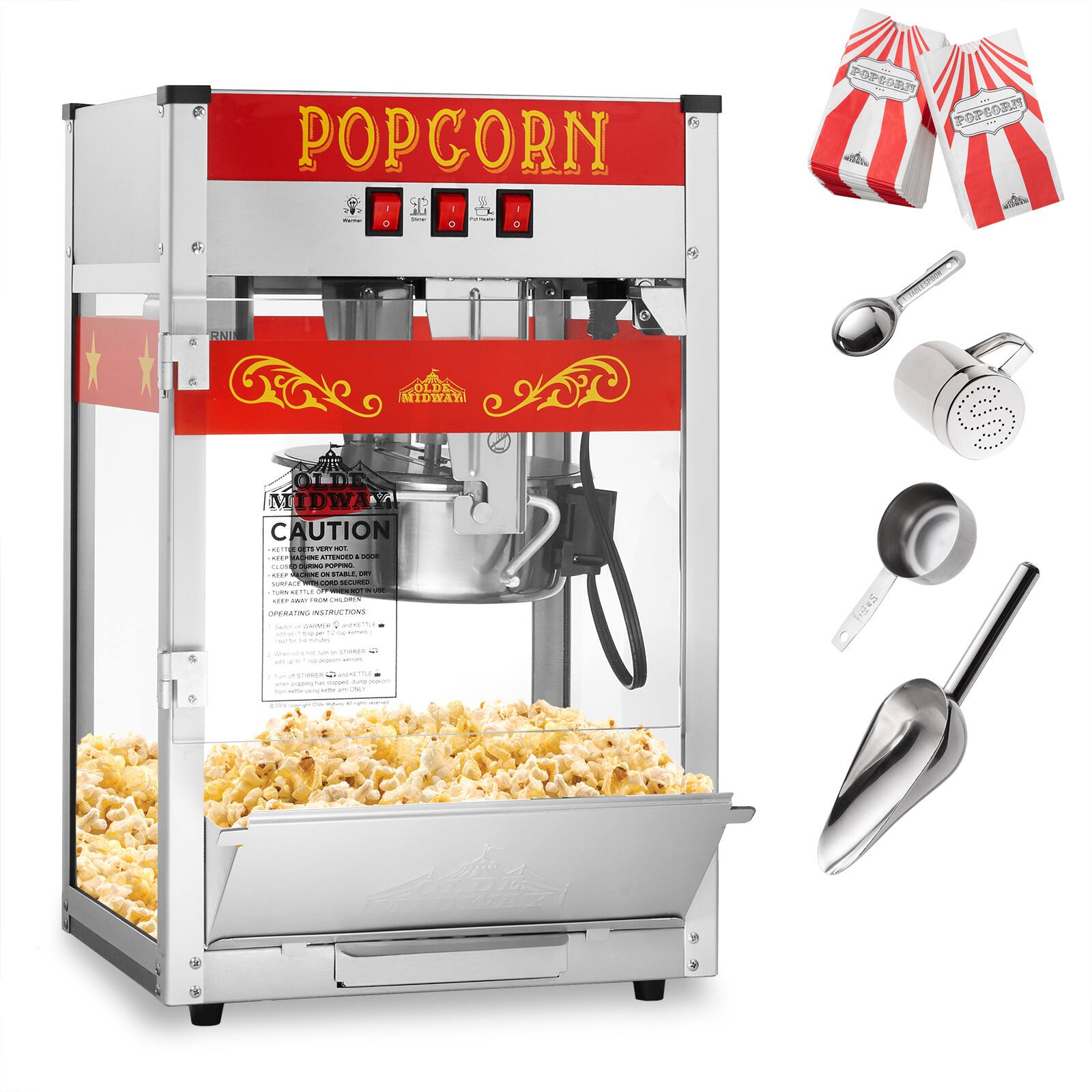 POPCORN

MIDWAY

CAUTION

OPERATING INSTRUCTIONS

1. Turn on the machine and wait for it to heat up.
2. Add the appropriate amount of popcorn kernels.
3. Close the lid and press the start button.
4. Once the popcorn is done, open the lid and pour the popcorn into a bowl.
5. Add any desired toppings and enjoy!

Note: Keep the machine on a stable, dry surface and avoid touching the hot parts.
