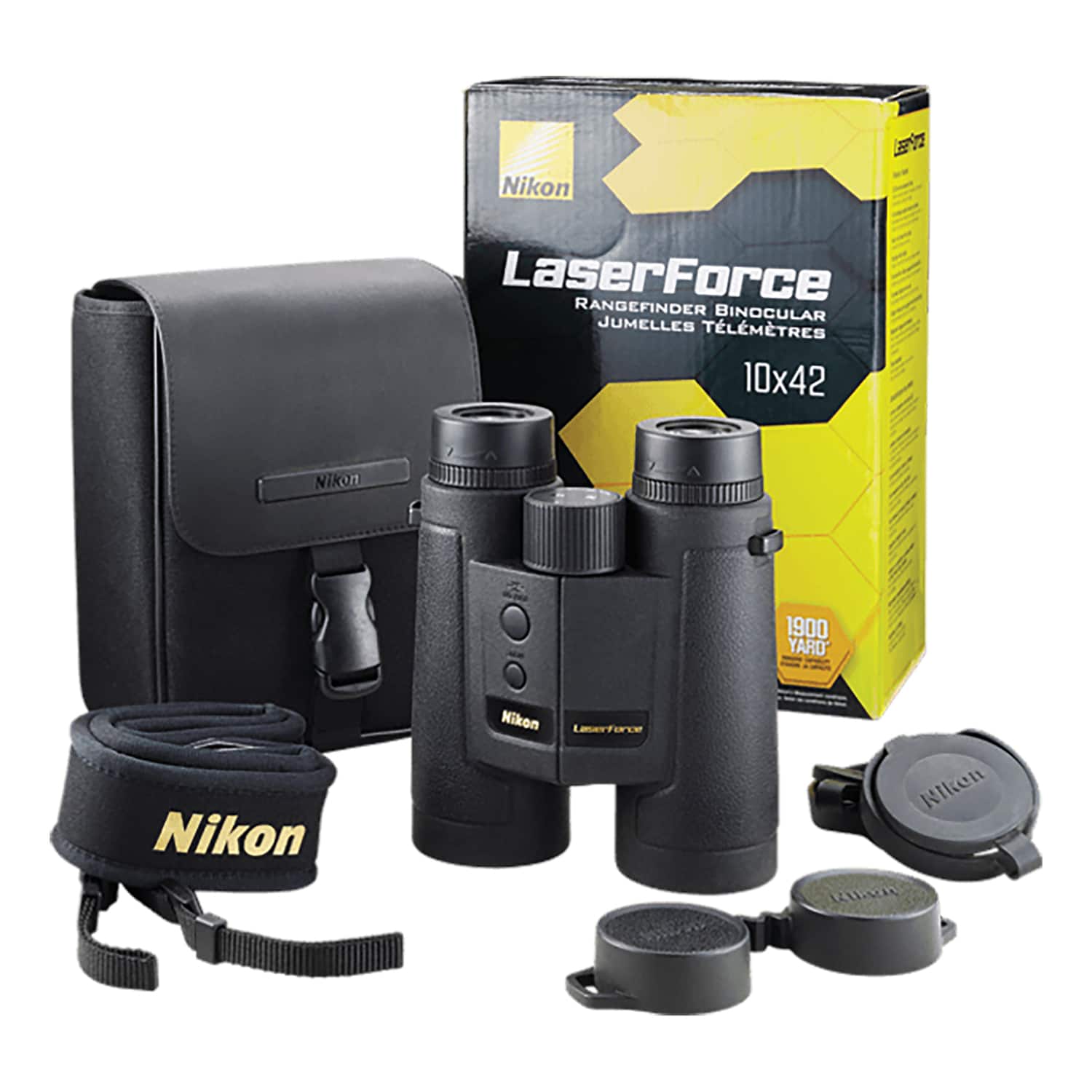 Nikon - LaserForce 10x42 Rangefinder Binocular, Battery, Neck Strap, Case, Lens Covers - Black