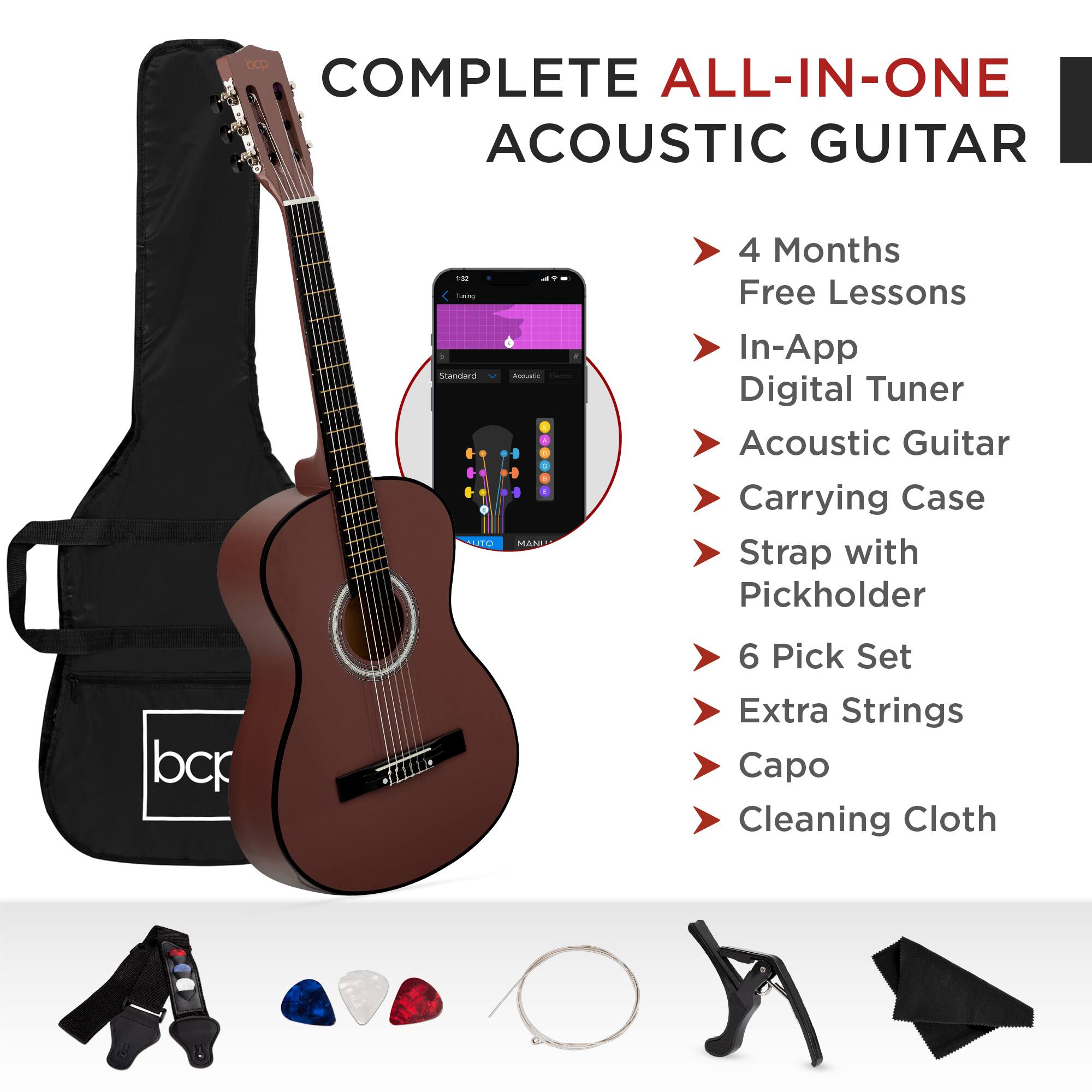 COMPLETE ALL-IN-ONE ACOUSTIC GUITAR

- 4 Months Free Lessons
- In-App Digital Tuner
- Acoustic Guitar
- Carrying Case
- Strap with Pickholder
- 6 Pick Set
- Extra Strings
- Capo
- Cleaning Cloth