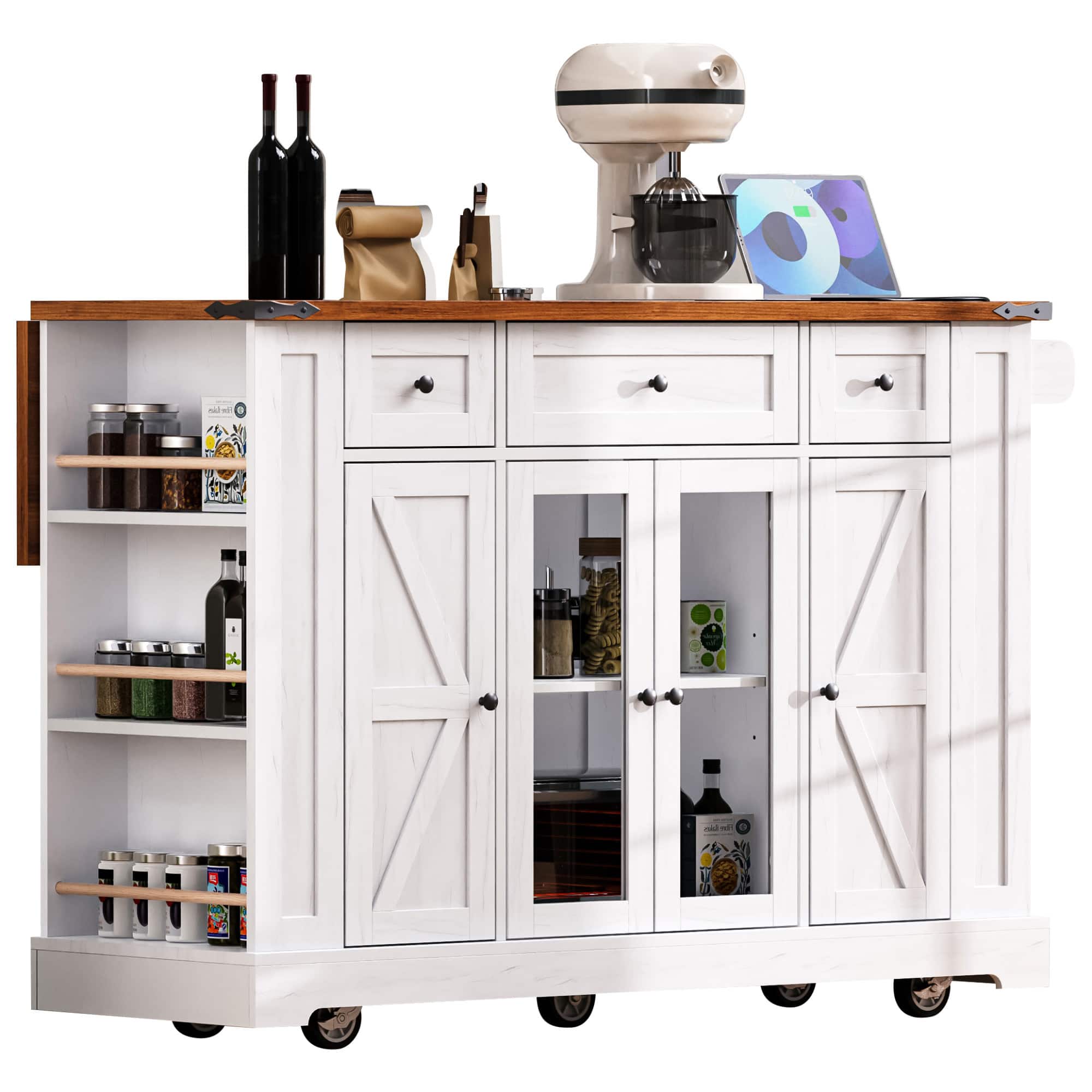 Front. Spaco - Spaco 53" Farmhouse Kitchen Island Cart with Power Outlet,3 Drawer 5 Rack Rolling Storage, Drop Leaf, Glass Cabinets - White.