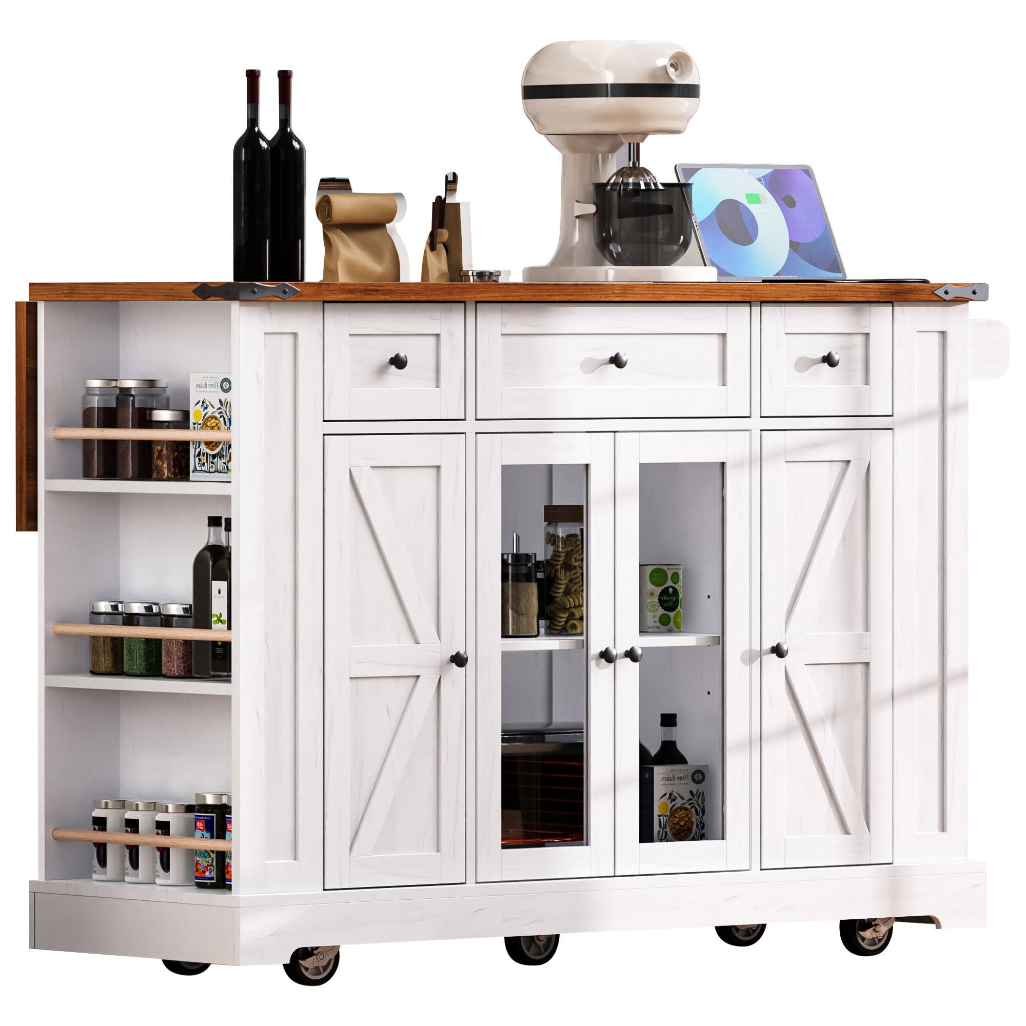 Spaco - 53" Farmhouse Kitchen Island Cart with Power Outlet,3 Drawer 5 Rack Rolling Storage, Drop Leaf, Glass Cabinets - White
