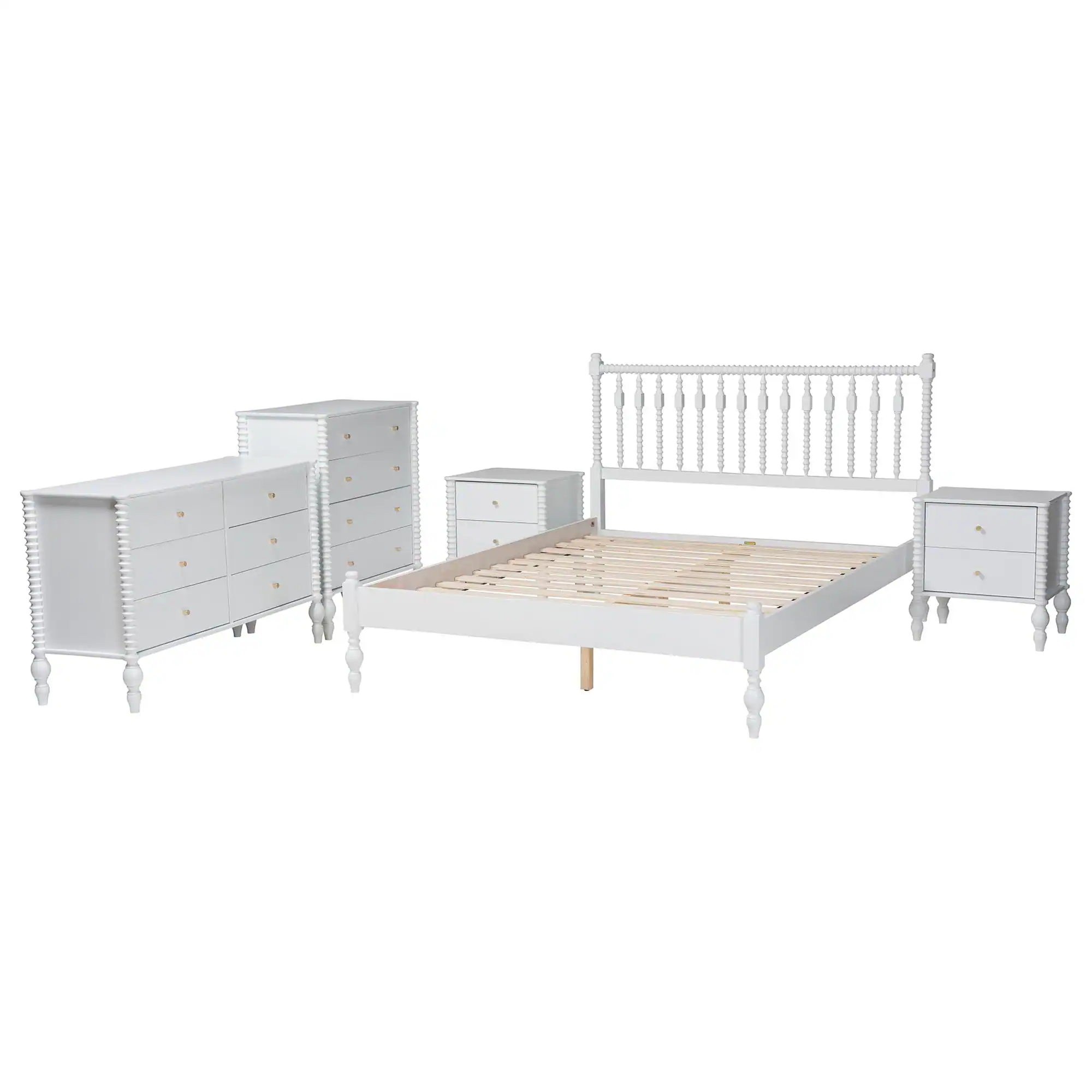 Angle. Baxton Studio - Callison Spindle 5-Piece Bedroom Set - Platform Bed with Matching Dresser, Chest, and 2-Drawer Nightstands, Full - White.