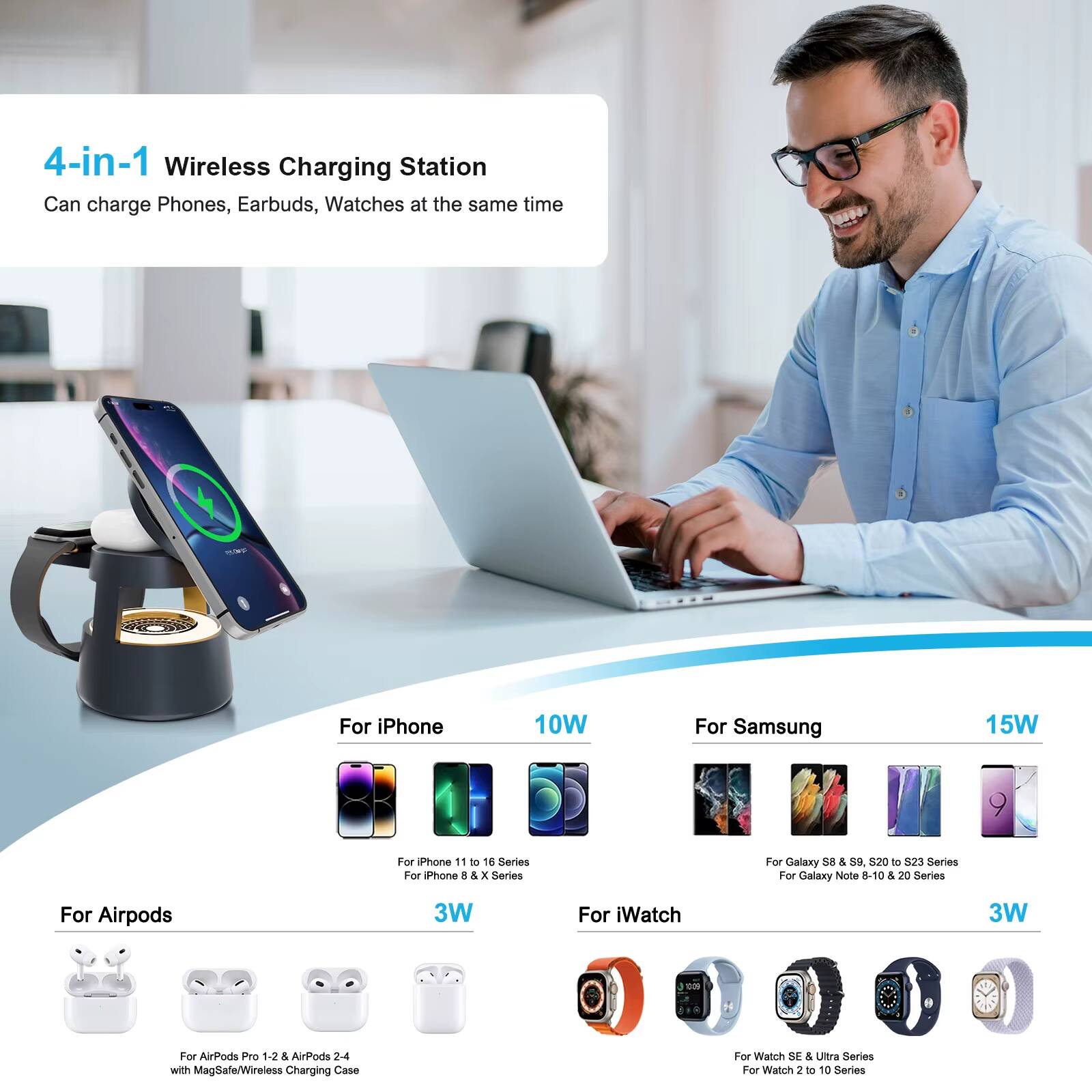 4-in-1 Wireless Charging Station  
Can charge Phones, Earbuds, Watches at the same time  

For iPhone  
10W  
- For iPhone 11 to 16 Series  
- For iPhone 8 & X Series  

For Samsung  
15W  
- For Galaxy S8 & S9, S20 to S23 Series  
- For Galaxy Note 8-10 & 20 Series  

For Airpods  
3W  
- For AirPods Pro 1-2 & AirPods 2-4 with MagSafe/Wireless Charging Case  

For iWatch  
3W  
- For Watch SE & Ultra Series  
- For Watch 2 to 10 Series