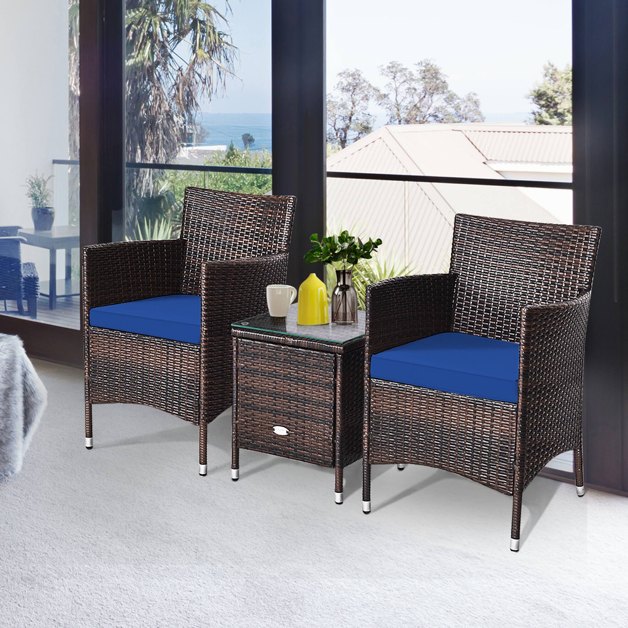 Alt View 4. Gymax - Gymax 3PCS Patio Rattan Chair & Table Furniture Set Outdoor w/ Navy Cushion - Navy.
