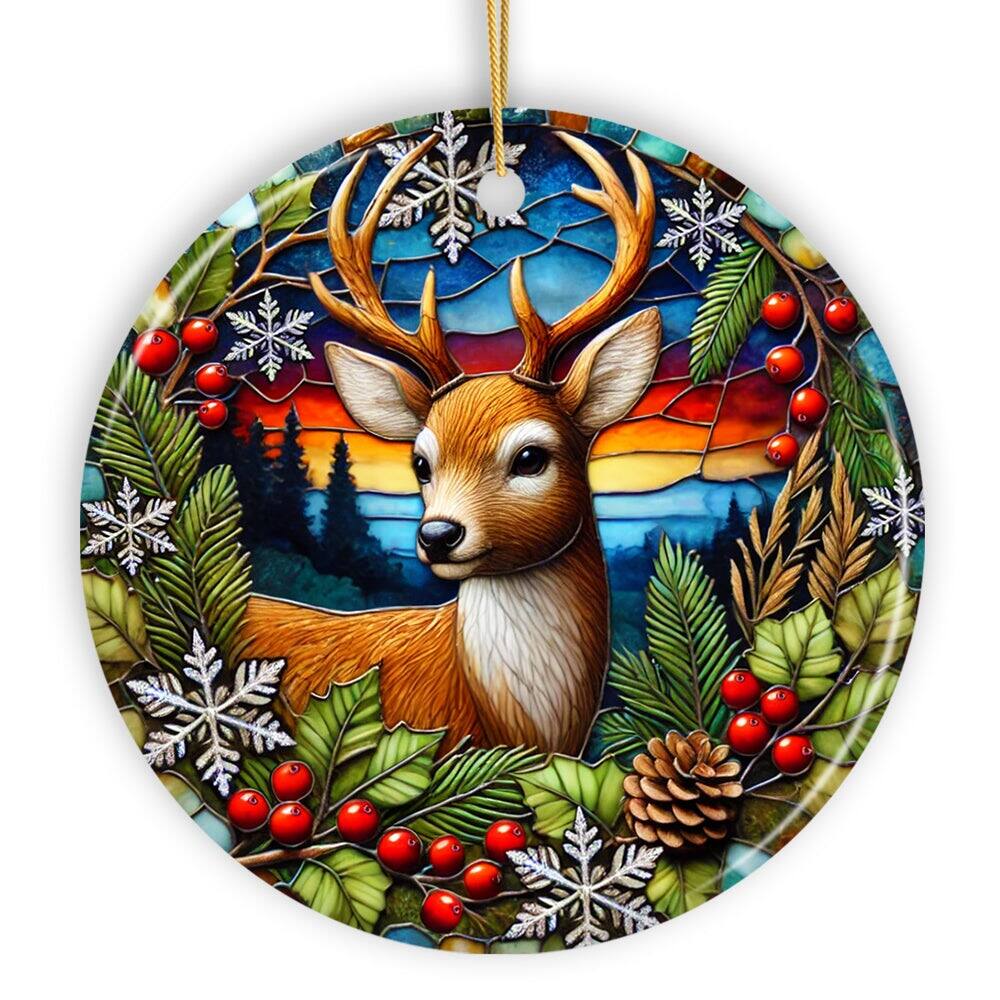 OrnamentallyYou - Majestic Winter Deer in Holly Branches Ornament Enchanting Holiday Wonderland for Christmas Tree V1 - Multi-colored
